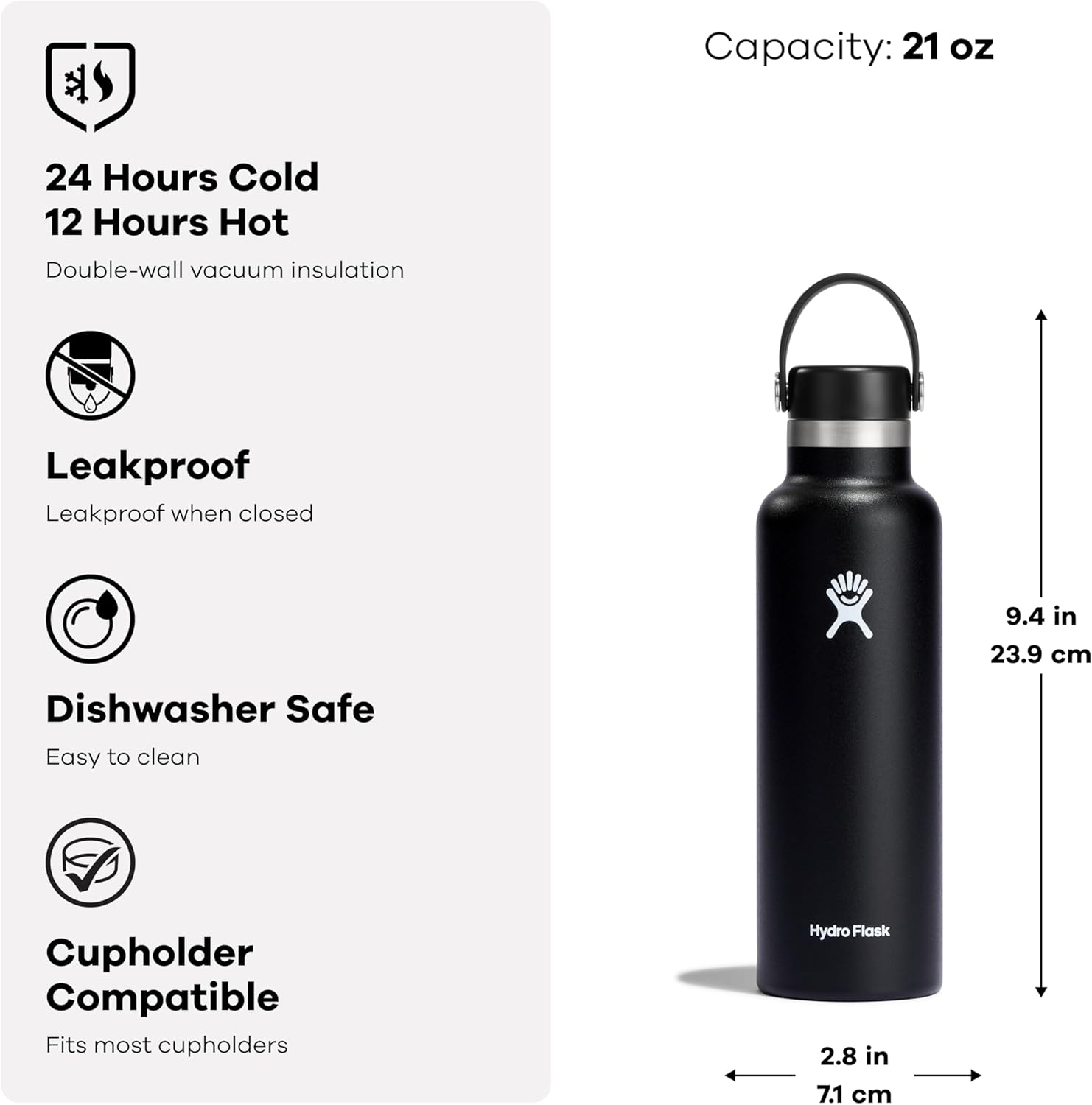 Hydro Flask - Standard Mouth Water Bottle 621 Ml (21 Oz) - Vacuum Insulated Stainless Steel Water Bottle with Leak Proof Flex Cap and Powder Coat - Aloe image number 6