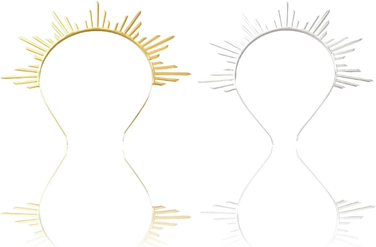 CABODYALS 2Pcs Gold Silver Sun Goddess Halo Crown Renfaire Sunburst Zip Tie Spikes Angel Celestial Headband Renaissance Cosplay Costume Headpiece Hair Bands for Women Wedding Halloween Dance Accessory image number 1