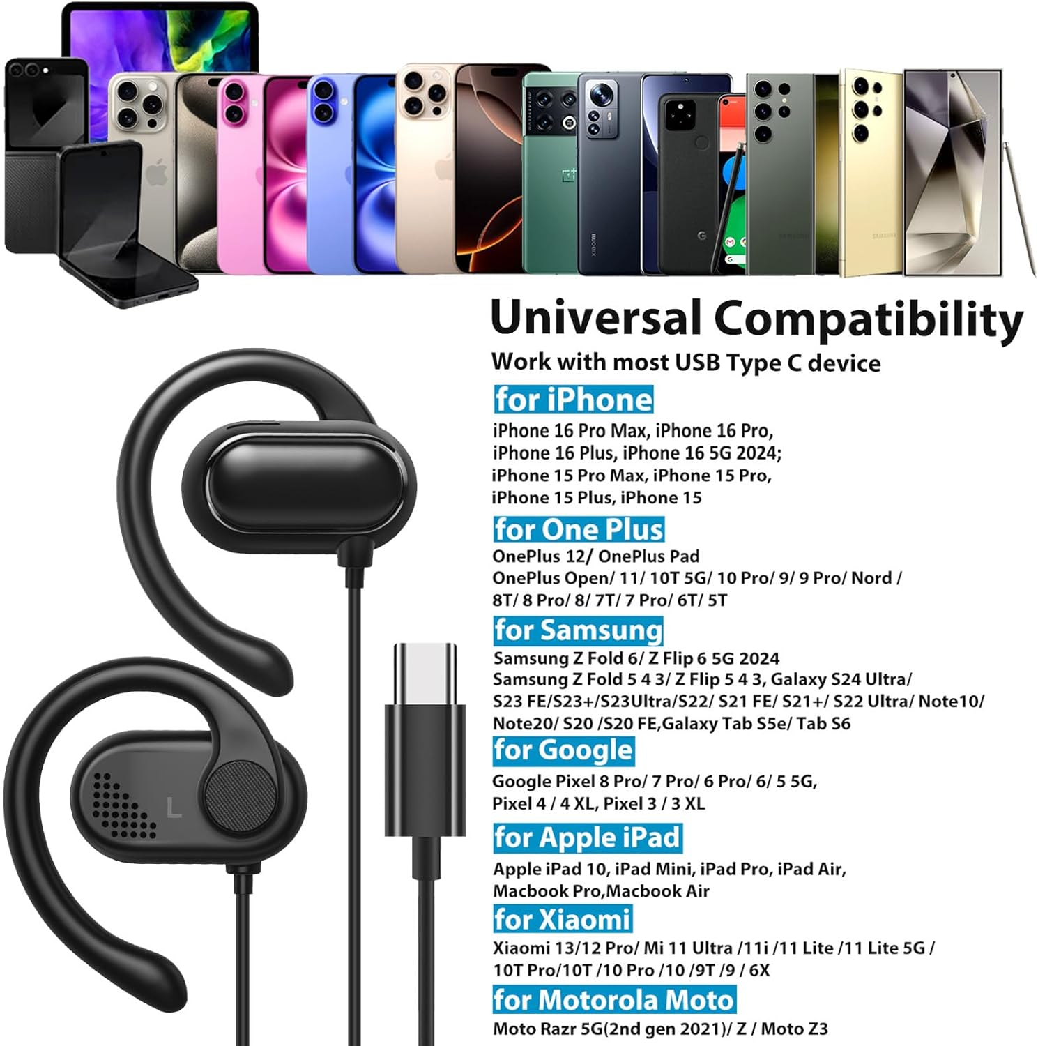 USB C Headphones Over-Ear Buds Hooks Wired Earbuds &Mic for Sports Running Volume Control, USB Type C Open Ear Headset for Ipad Air Pro 2024 Iphone 15 Samsung Galaxy S24 S23 S22 S21 Oneplus 12 Pixel 8 image number 4