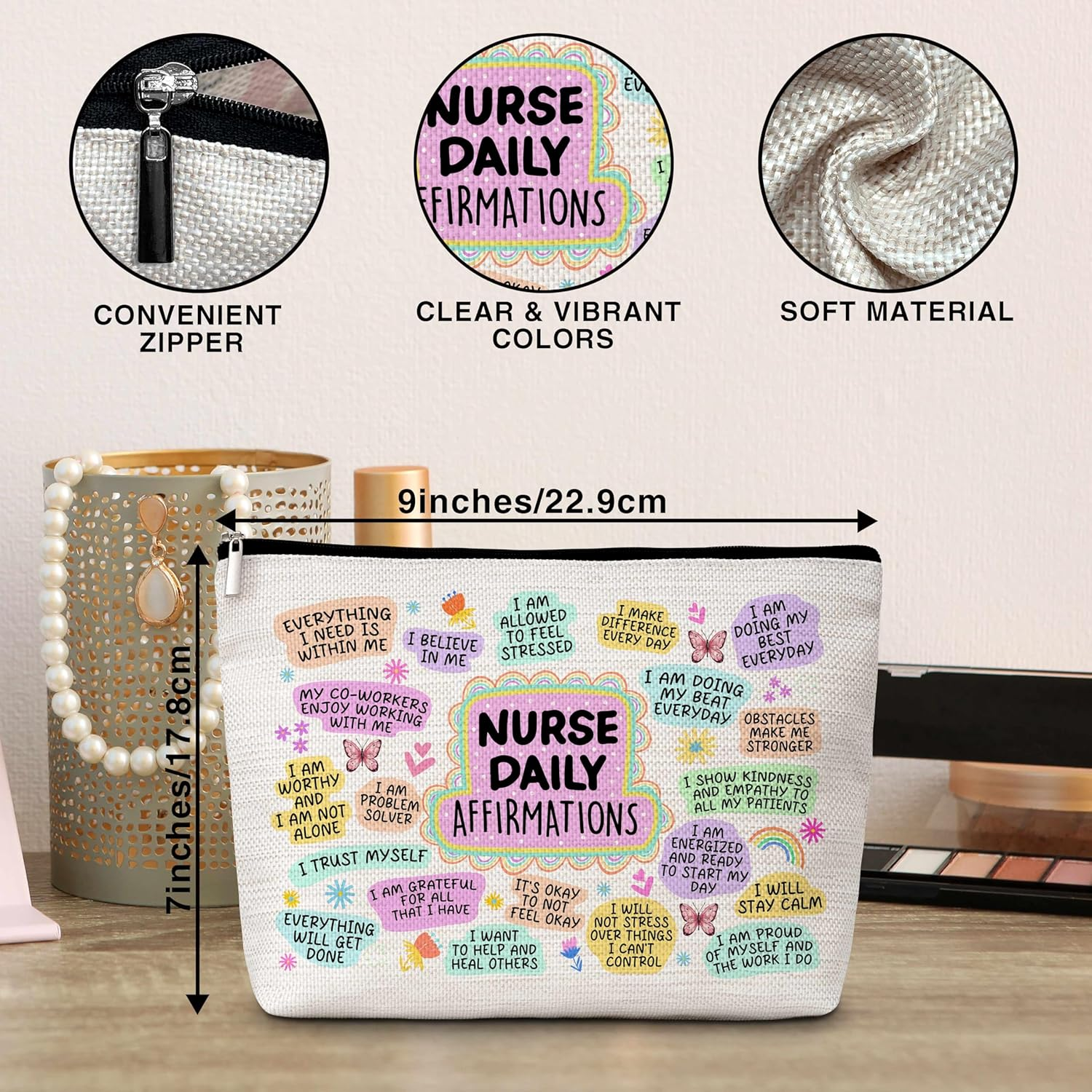 Nurse Gifts Makeup Bag, Nurse Daily Affirmations Cosmetic Bags, Nursing Makeup Zipper Pouch Bag, Nurse Practitioner Gifts for Women, Graduation Birthday Thank You Retirement Gifts for Nurses, 51,