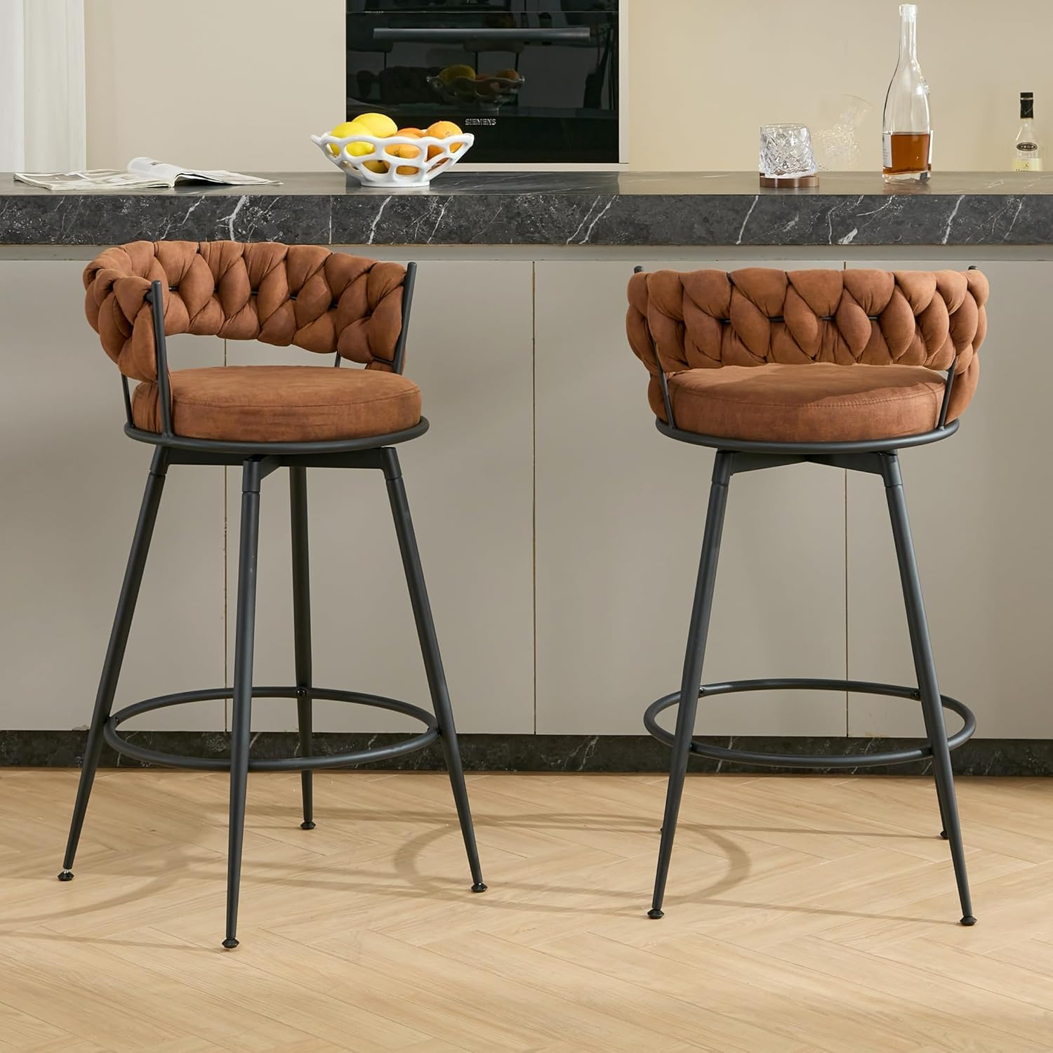 Bar Stools Set of 2, 71Cm Counter Height Swivel Stools with Woven Back & Suede Fabric Seat, 360&deg; Swivel Metal Frame Stools with Footrest for Kitchen Island, Cafe, Pub, Bar, Brown