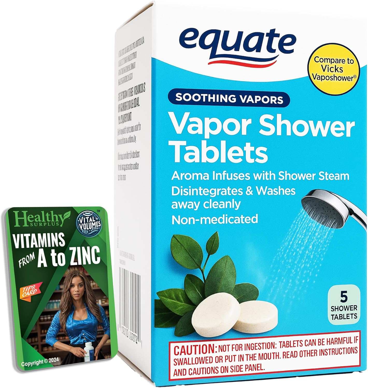 Equate Vapor Shower Tablets - 5 Shower Tablets and Vital Volumes Tips Card image number 1