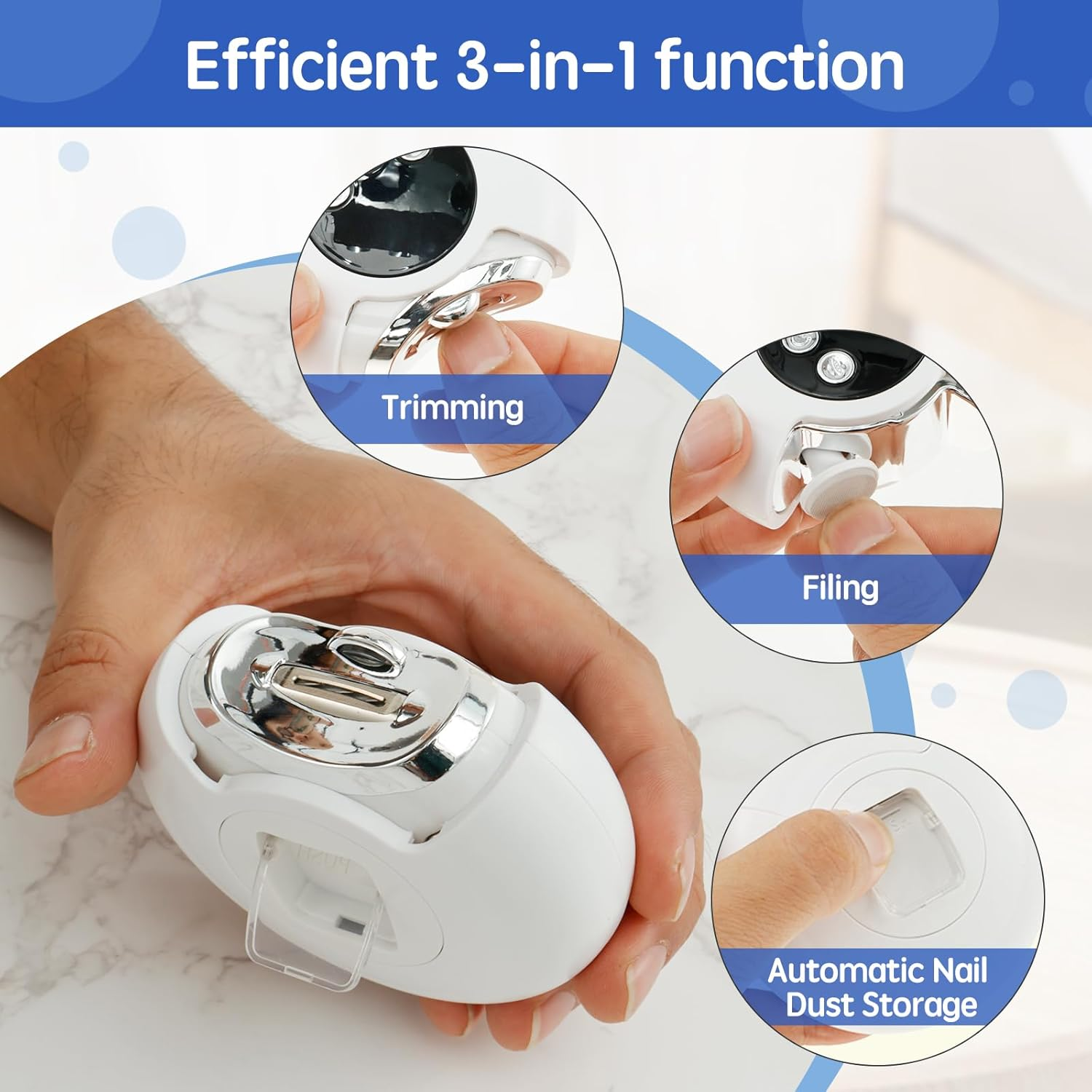 Electric Nail Clippers 3 in 1 USB Rechargeable Auto Nail Clipper 360&deg; Rotating Electric Nail Sharpener with LED Light and 2 Adjustable Speeds and Nail Clip Suitable for Adults image number 1