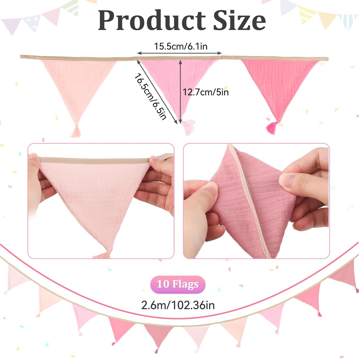 Children'S Room Bunting, Pink, 2.6 M Fabric Bunting Muslin with Tassels, Reusable Garland for Birthdays, Home, Camping