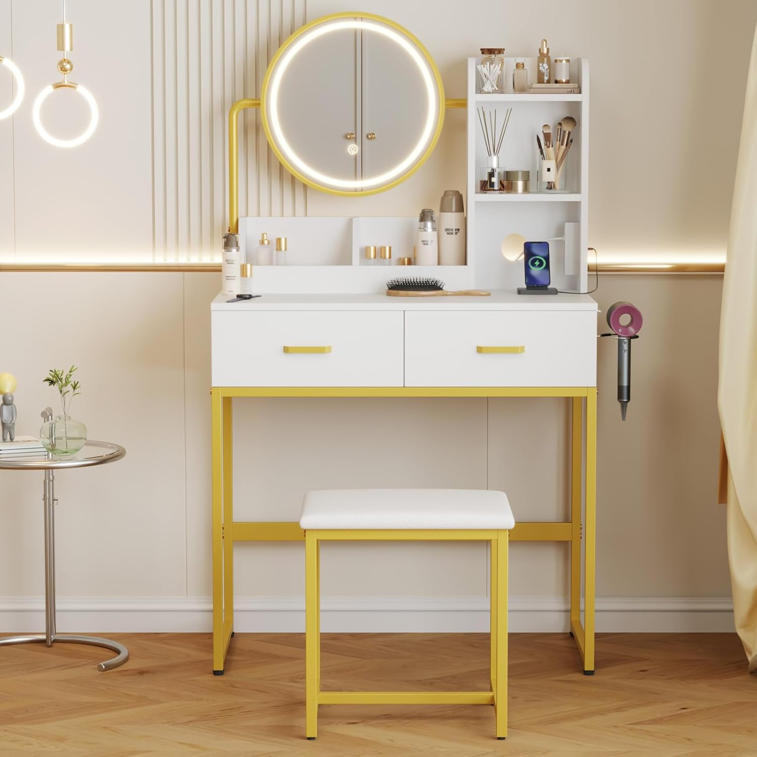 Advwin Dressing Table with 360&deg;Adjustable Mirror, Power Outlet and 3-Color LED Light, Makeup Vanity Desk Stool Set with 2 Drawers, 2 Trays and 3 Shelves for Bedroom (White Black)