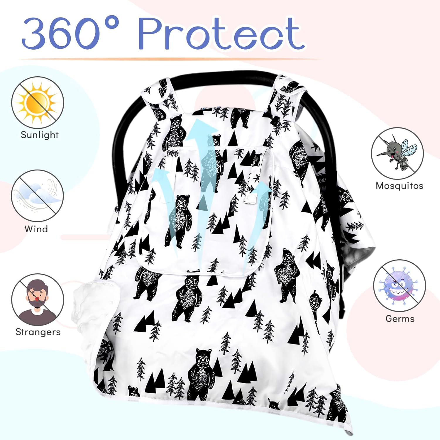 Baby Carseat Cover Boys, Newborn Car Seat Canopy, Minky Cozy & Warm Cover, Winter Carrier Cover with Peep Windows, Soft & Breathable, Bear Stuff image number 5