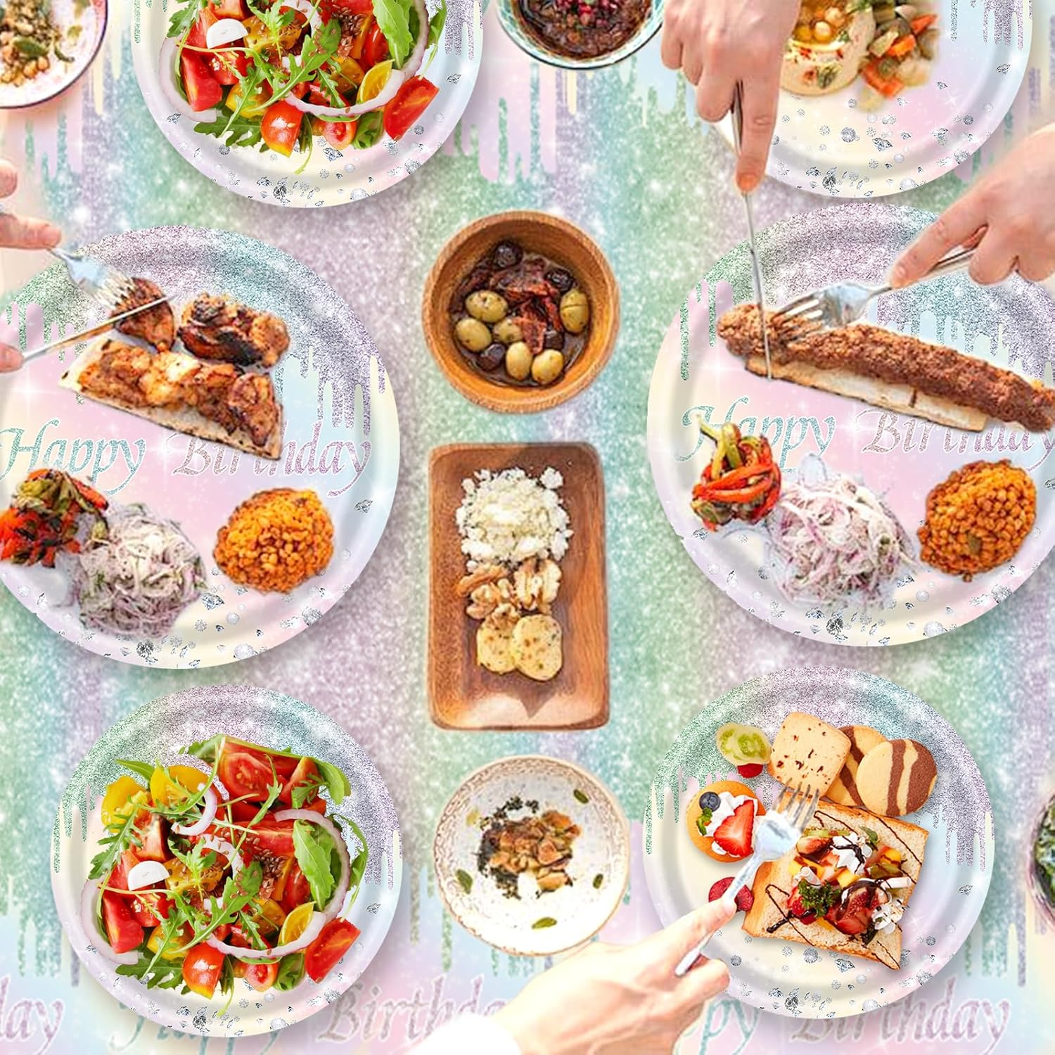 Diamond Birthday Party Supplies,Colorful Glitter Paper Plates and Napkins Tableware with Tablecloth,For Girls Women Birthday,Serves 25 Guests image number 6