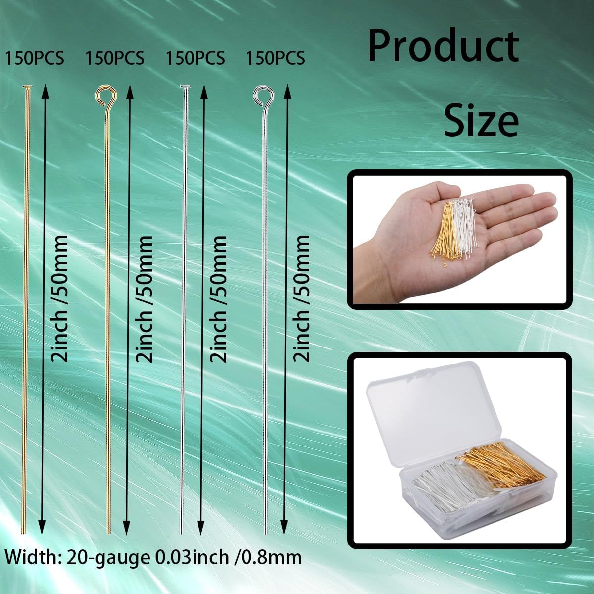 600 Pieces 2 Inch Flat Head Pins Eye Pins for Jewelry Making DIY, Straight Head Eye Pins Gold and Sliver Jewelry Making Pin Metal End Headpins for Craft Earring Bracelet Necklace Pendant Supplies - Gold+Silver image number 4