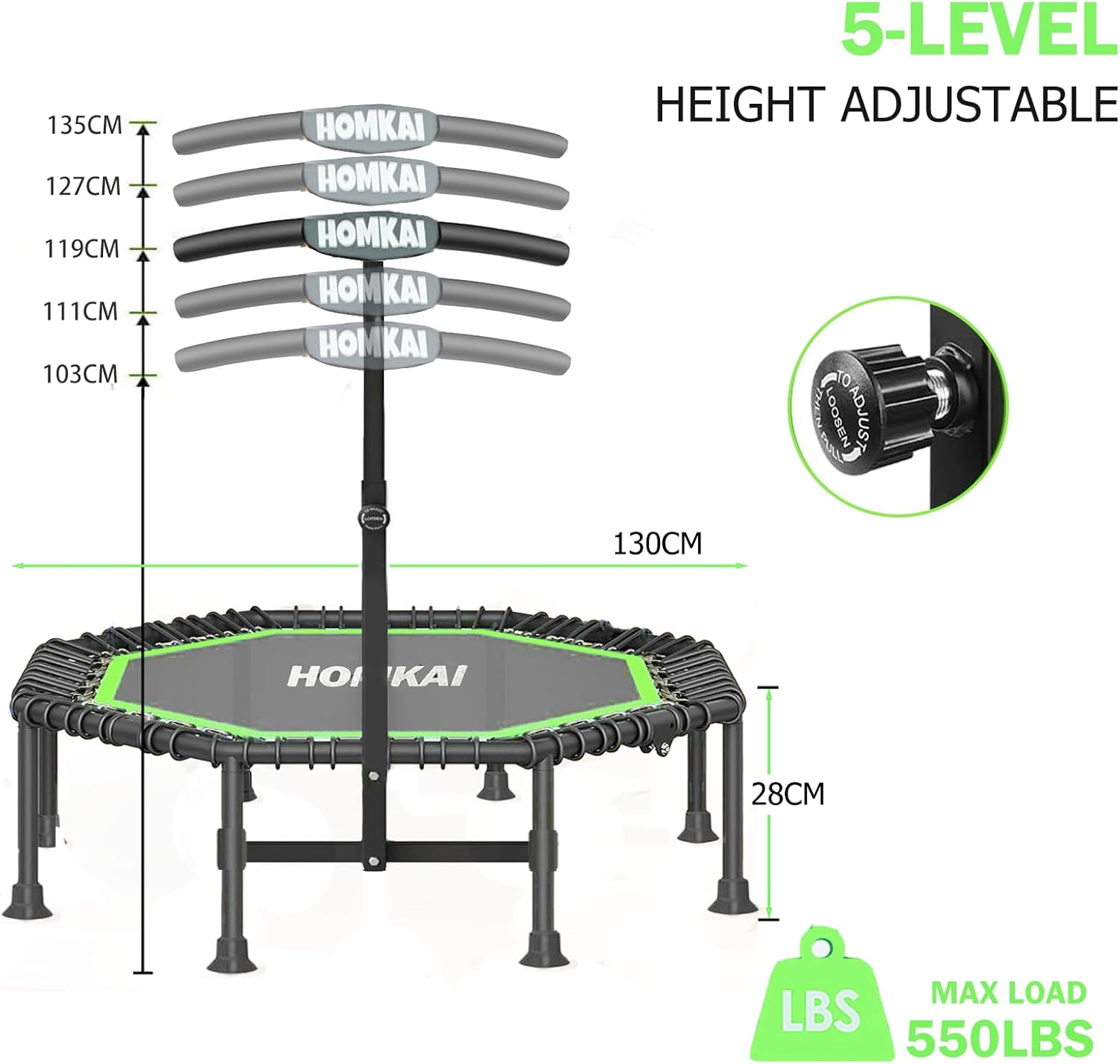 HOMKAI 51" Foldable Mini Trampoline Rebounder, Fitness Trampolines, T Shape Adjustable Foam Handle, Stable & Quiet Exercise Rebounder for Kids Adults Indoor Outdoor Workout image number 4