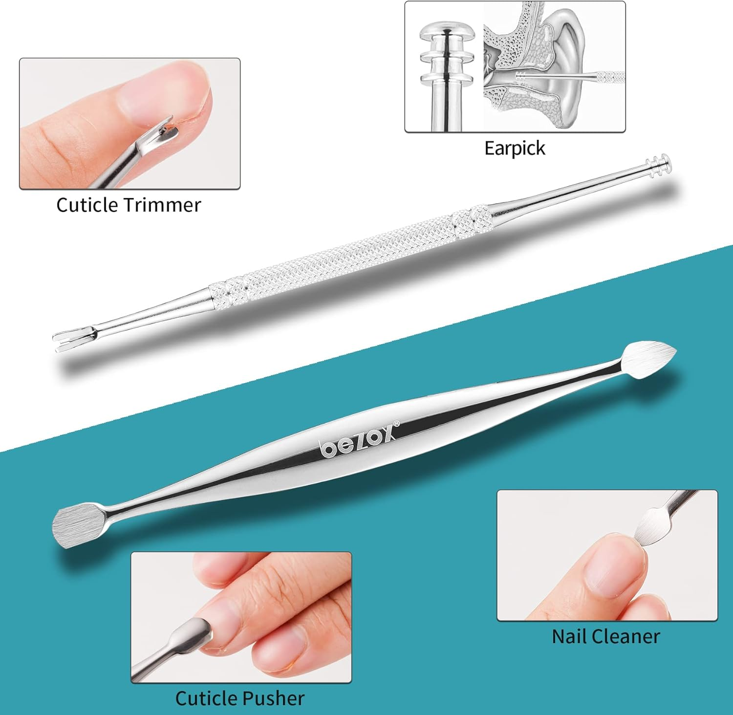 BEZOX Manicure Set, 5 Pieces Nail Clippers, Nail Scissors Tools Kit, Pedicure Toenail Nippers, Stainless Steel Professional Nail Cuticle Nippers, Nail File, Cuticle Pusher, Cuticle Knife image number 3