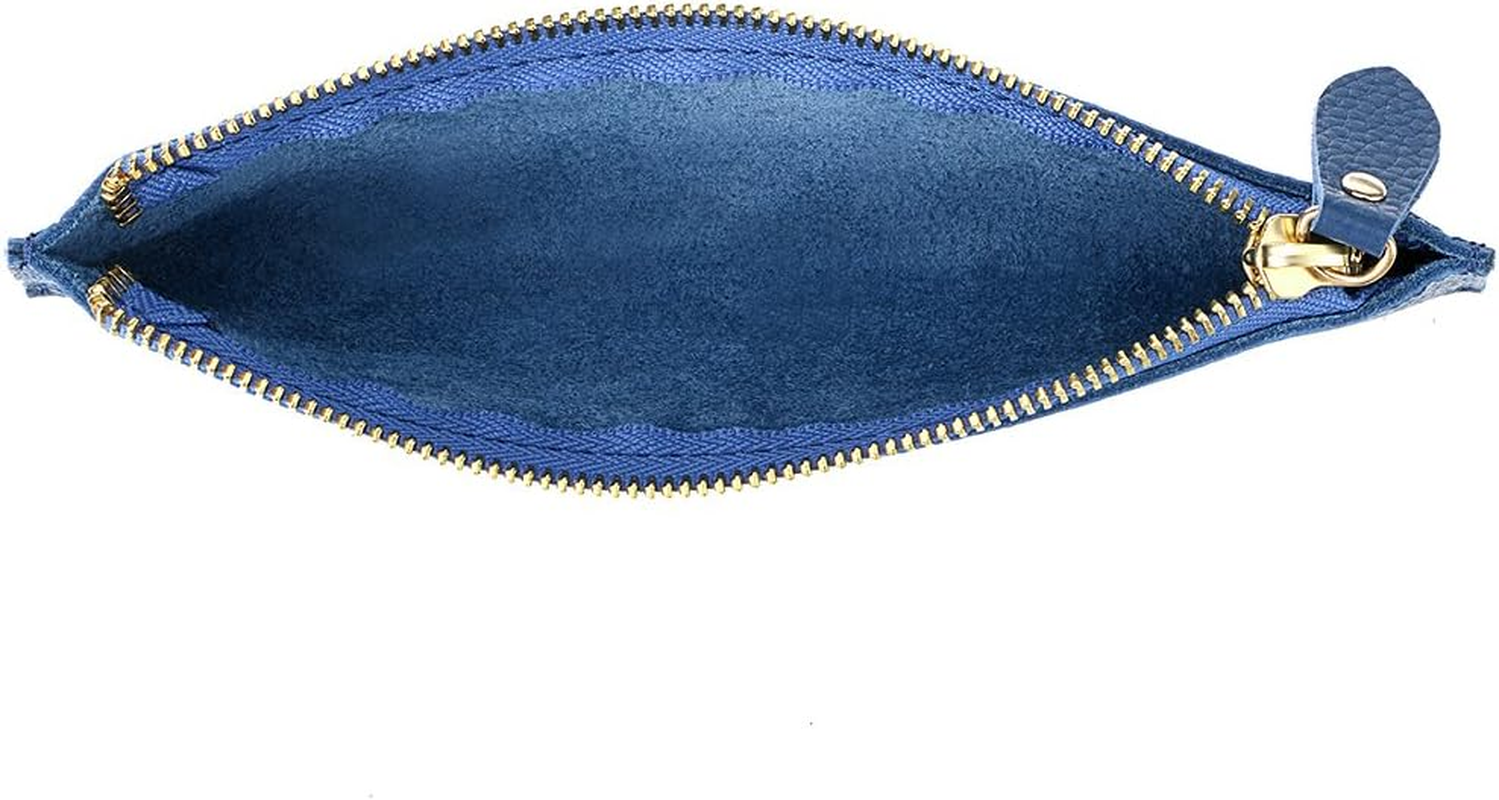 BTSKY Genuine Leather Pencil Case - Zippered Pen Case Stationery Bag Zipper Pouch Pencil Holder(Blue) image number 2
