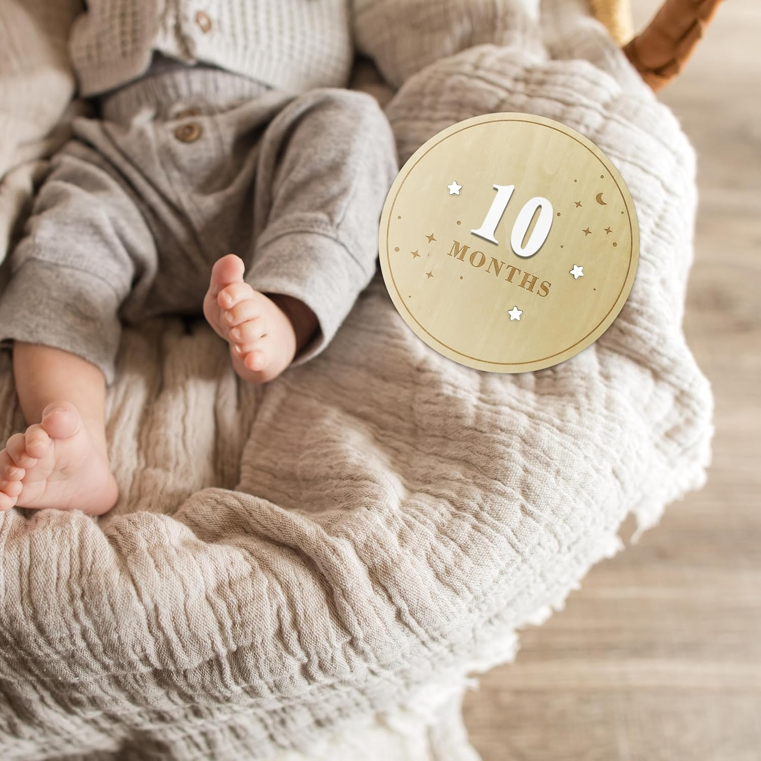 Baby Monthly Milestone Disc - Double-Sided 3D Birth Announcement Sign, 5.9" Wooden Disc with Numbers 1-12 for Monthly Milestones, Newborn Photo Props & Baby Shower Keepsake Gift (White)