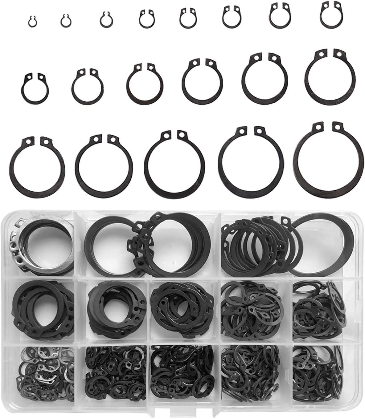 510Pcs Circlips Assorted,Metal C-Clip Assortment Set 19 Types Retaining E Clips(&Phi;3/4/5/6/7/8/9/10/12/14/16/18/20/22/24/26/28/30/32Mm) for Internal External Shaft Fastener image number 2