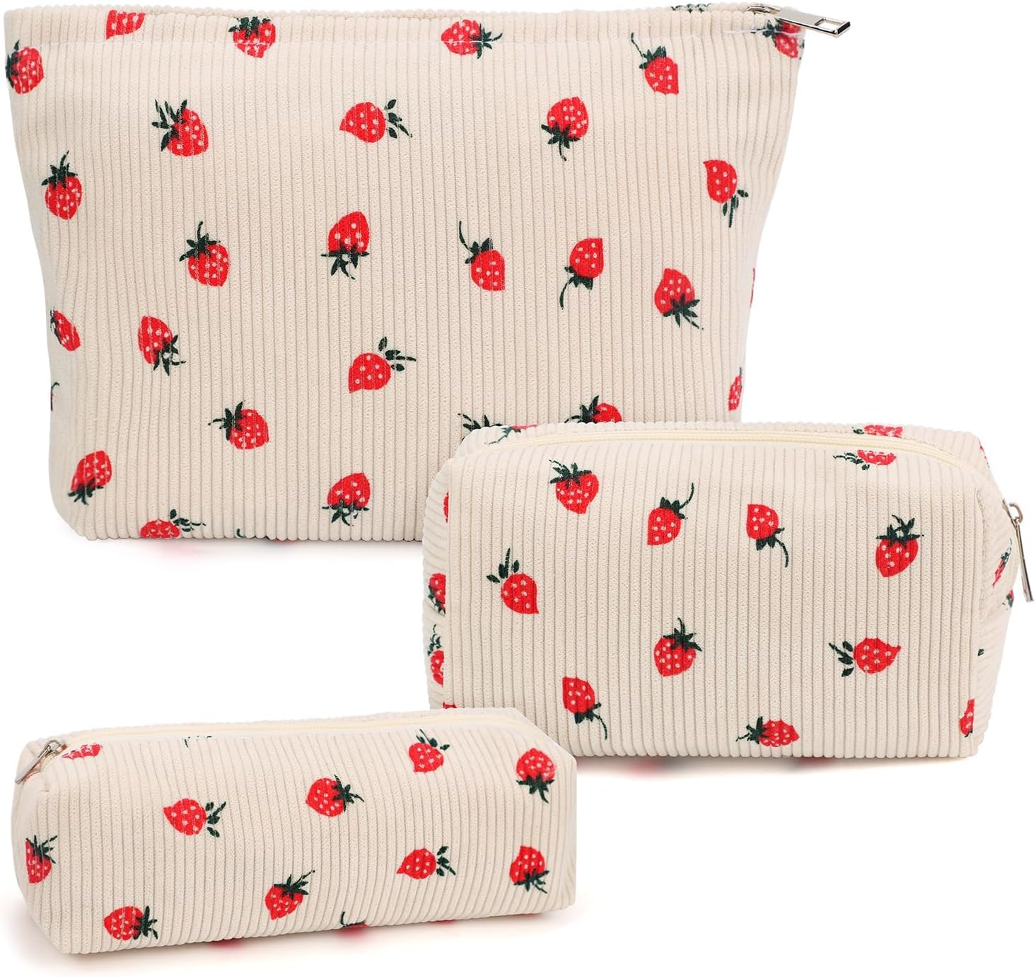 3 Pcs Checkered Makeup Bag Cosmetic Bag Set for Girls Women, Travel Organizer Bathroom Toiletry Pouch Large Capacity Storage Bag (Strawberry Pink)