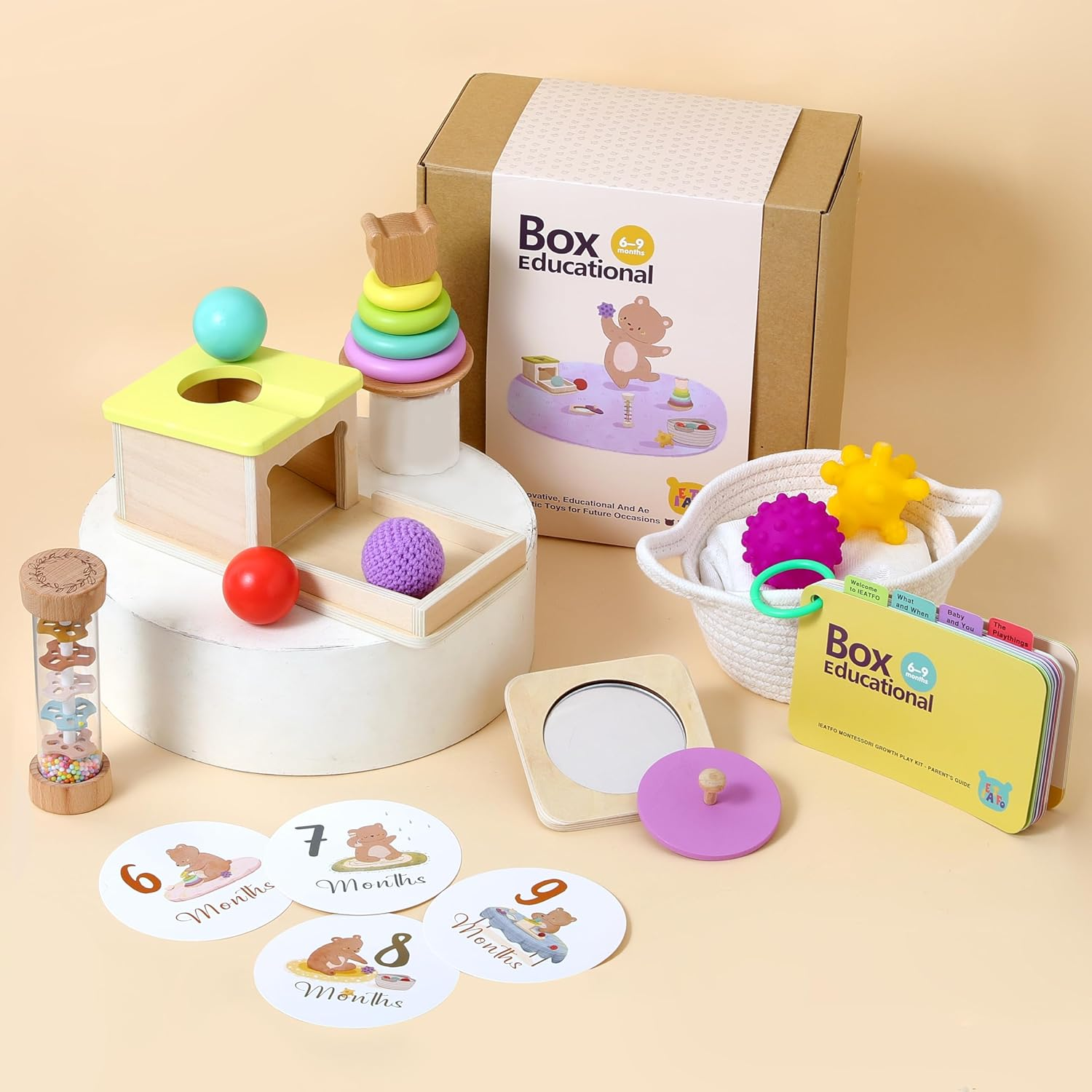 EERKEOD Montessori Toys for Babies 6-9 Months 7 in 1 Wooden Sensory Baby Toy Set with Multi Sensory Ball,Object Performance Box, Stacking & Nesting Rings - Newborn Baby Boy Girl Gift image number 4