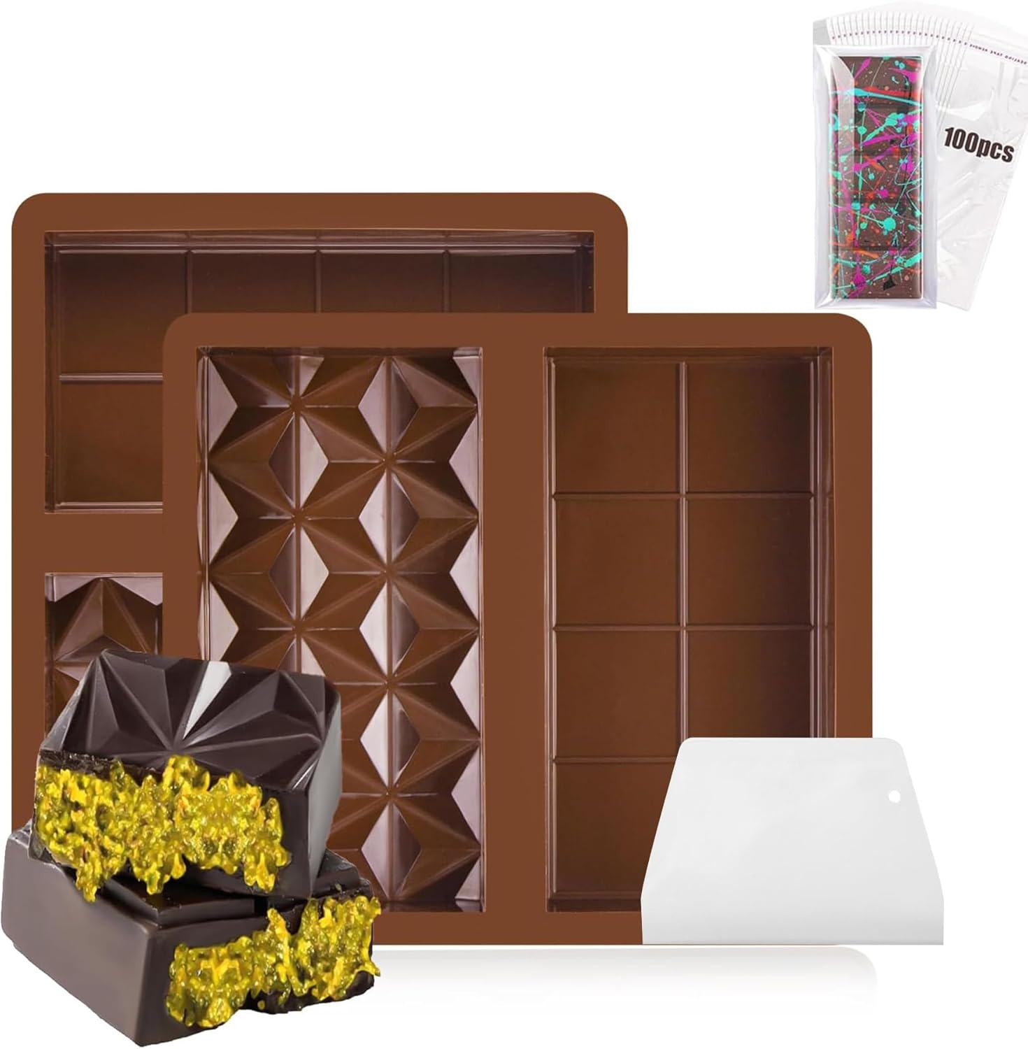 2PCS Chocolate Moulds, Myrthra Dubai Chocolate Mold Set with 100 Pieces Storage Bag and Scraper, Silicone Thick Chocolate Bar Molds
