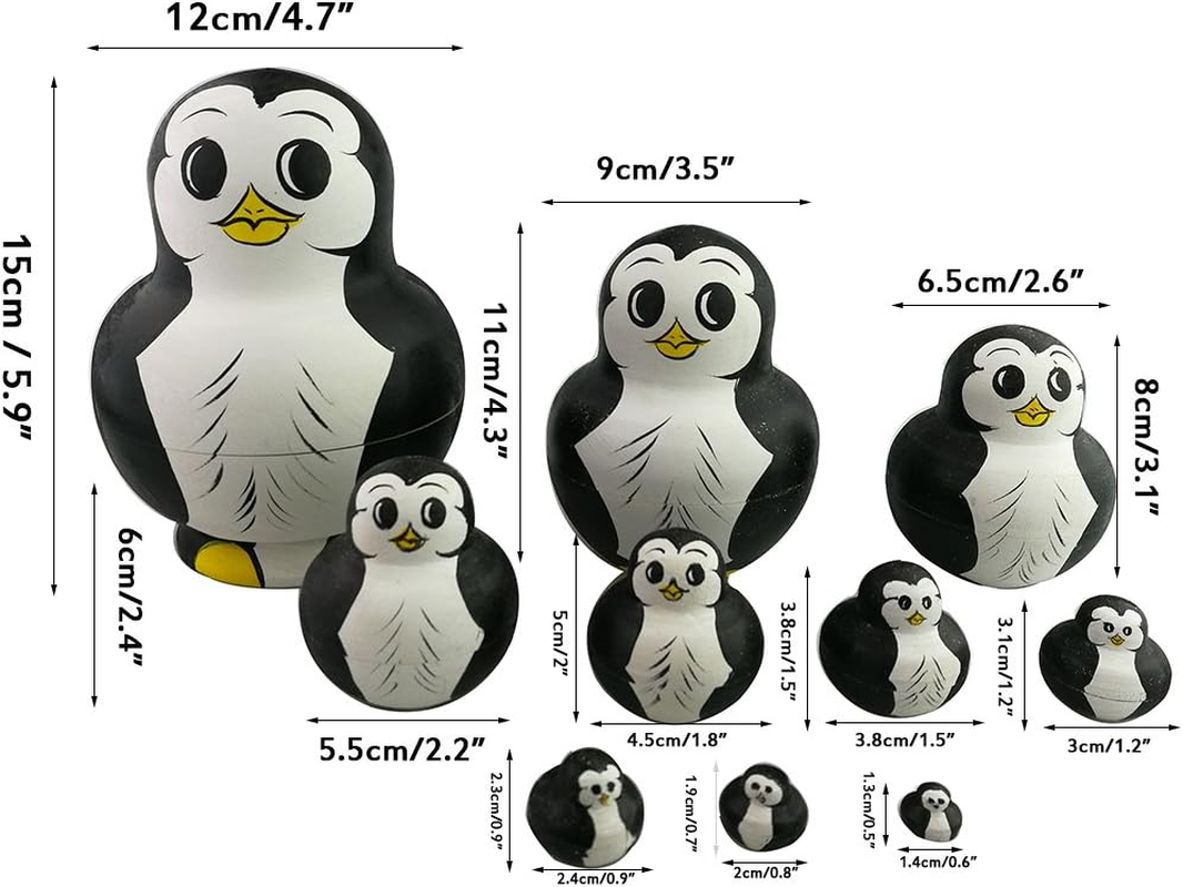 Winterworm Cute Lovely Mini Animal Nesting Dolls Matryoshka Doll Russian Doll Set 10 Pieces Wooden Handmade Kids Toy Gift Home Decoration Perfect (Penguin). image number 3
