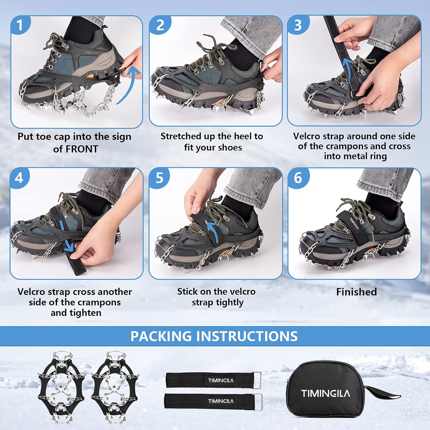 26 Spikes Crampons, TIMINGILA Ice Cleats Traction for Hiking Boots Shoes Women Men Kids, Traction Snow Grips for Hiking Fishing Walking Climbing Mountaineering image number 5