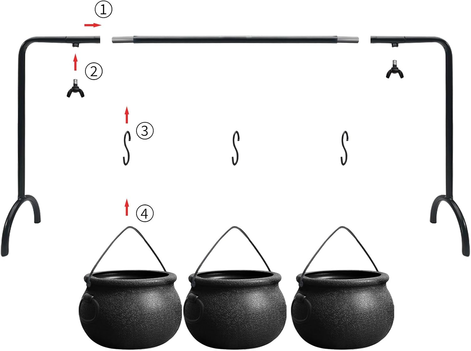 Oriental Cherry Halloween Decor - Halloween Party Decorations - Set of 3 Witches Cauldron Serving Bowls on Rack - Black Plastic Cauldron for Indoor Outdoor Home Kitchen Decoration image number 4