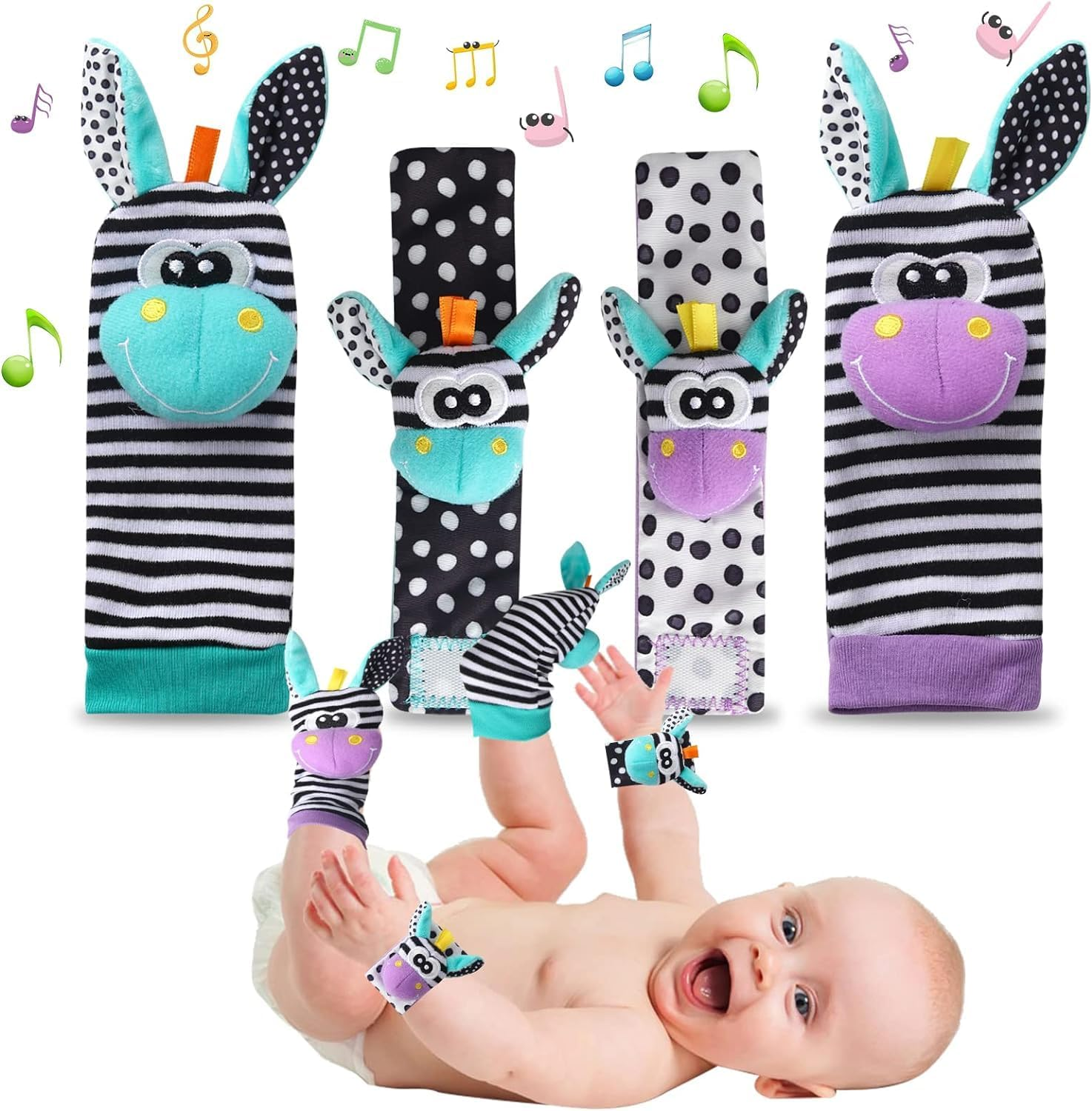 4Pcs Baby Rattle Toys, Baby Foot Finder Sock Wrist & Ankle Rattles Toys Newborn Sensory Toys Rattle Socks Hand & Feet Rattles Toys Bebe Wristband Rattle Strap for 0-12 Months Infant Gift Toys image number 3