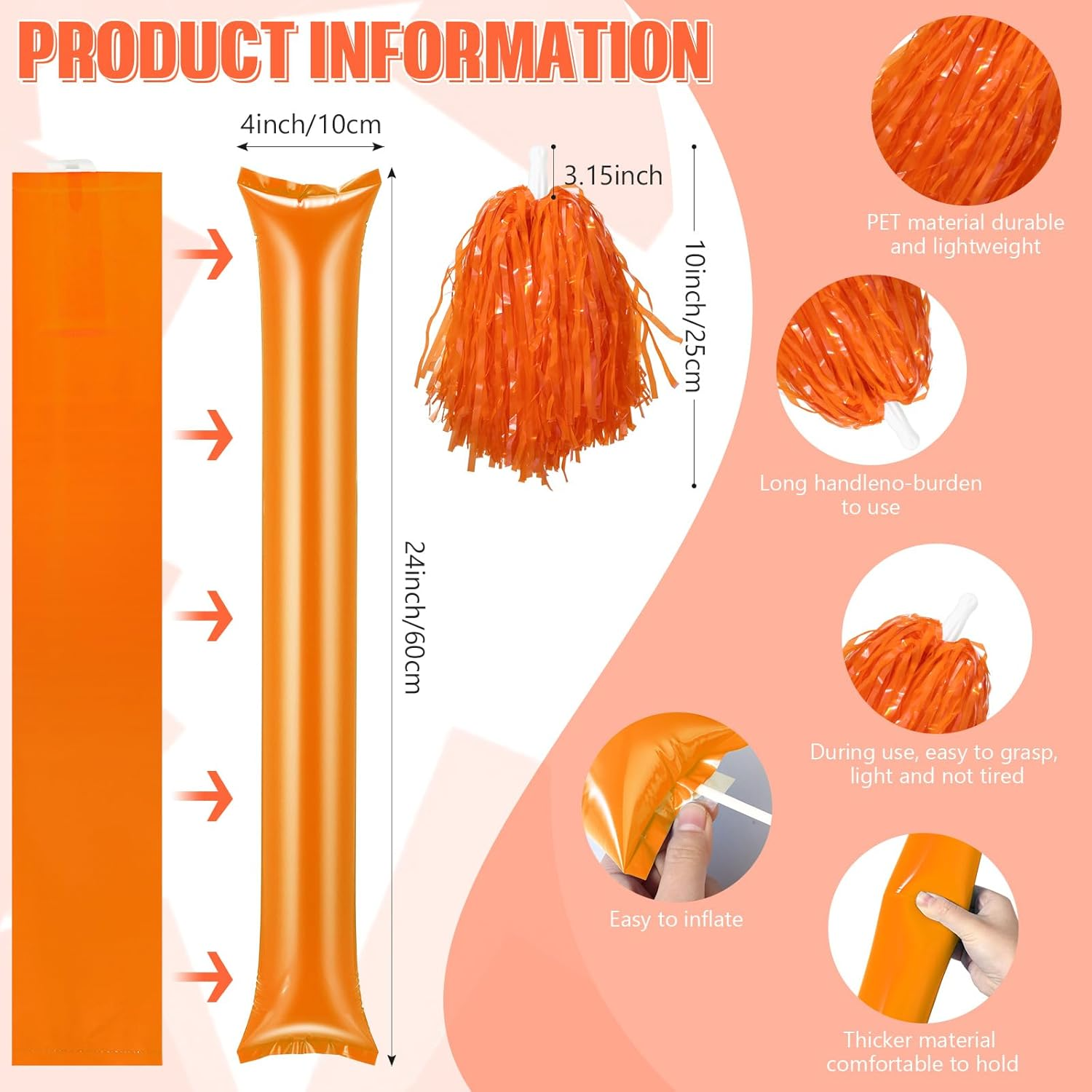 48 Pcs Cheerleading Pom Poms Thunder Sticks Hand Clappers Plastic Whistles with Lanyards Squawker Horns image number 6