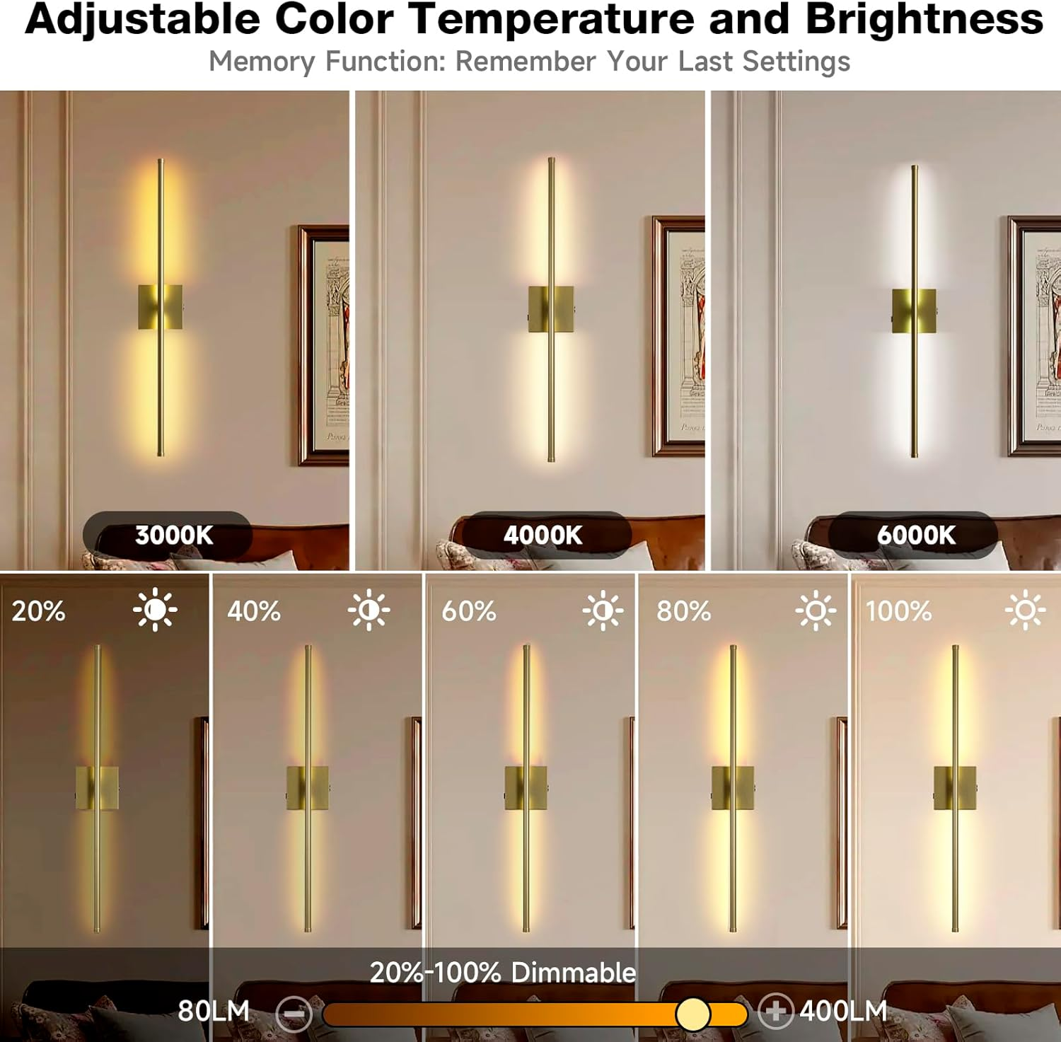 TPSHPTS Battery Operated Wall Sconces Set of 2, LED Rechargeable Wall Lights with Remote Control, 3 Colors Dimmable, 350&deg; Rotate, Gold Wireless Wall Lamp for Living Room, Bedroom, 28.3 Inch image number 1