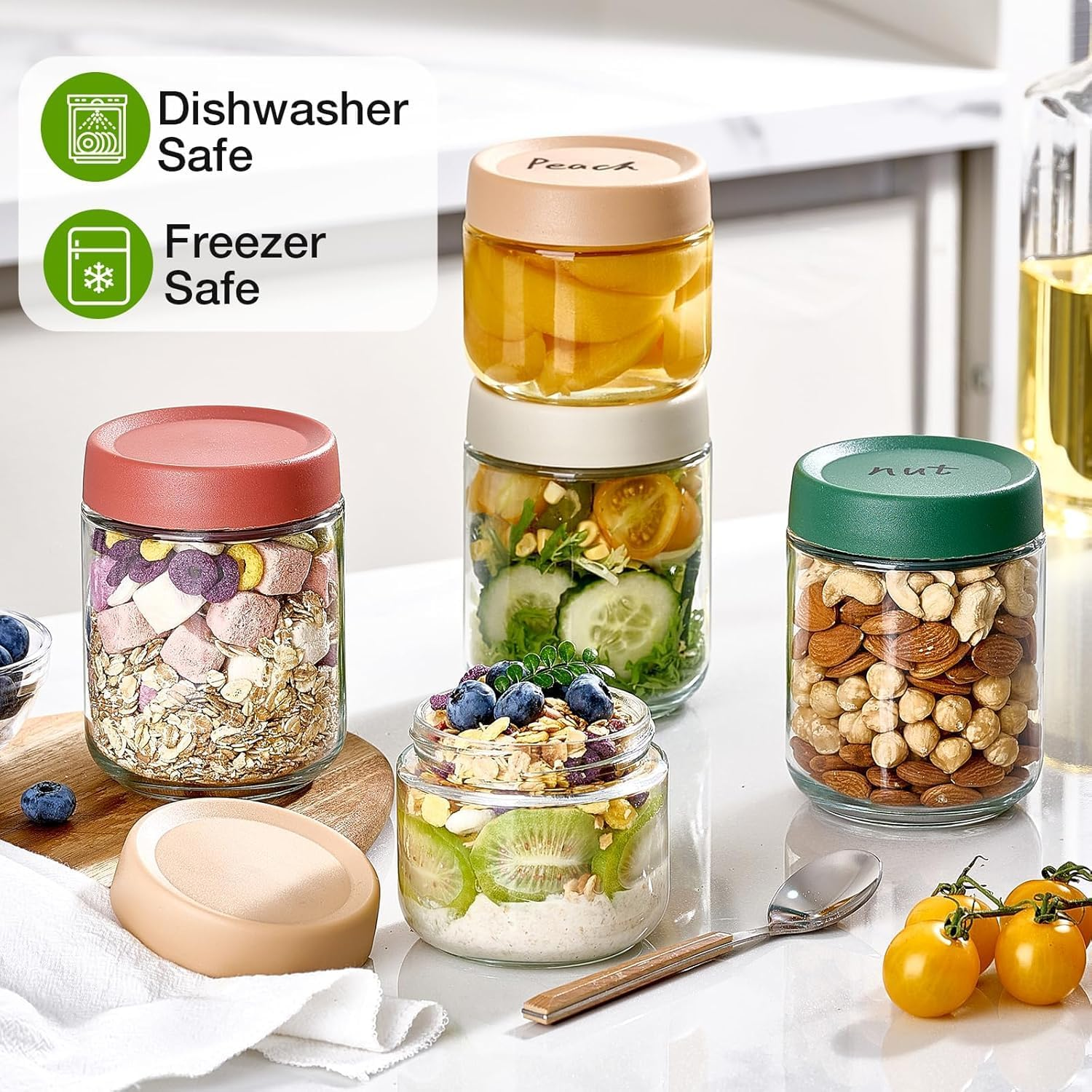 Misenfar 8 Pack 480/350Ml(16/12Oz) Overnight Oats Containers with Lids, Wide Mouth Glass Jars with Airtight Lids, Glass Food Storage Containers for Yogurt, Salad, Chia Pudding, Snacks, Cereal & Spices image number 2