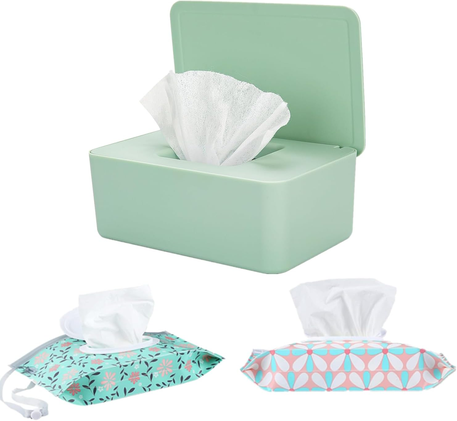 Wipes Dispenser with 2Pcs Portable Refillable Wipe Holder,Reusable Large Wipe Holder Box Flushable Wipes Case Bathroom Wipes Container for Pet Nursery Kitchen Office Counter(Green)