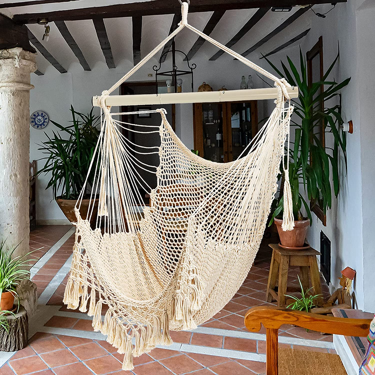 Hammock Chair, Large Hanging Chair, Soft Cotton Rope Swing Chair with High Load-Bearing Metal Rod,Indoor Outdoor Garden Yard Living Room,Max 150Kg image number 2