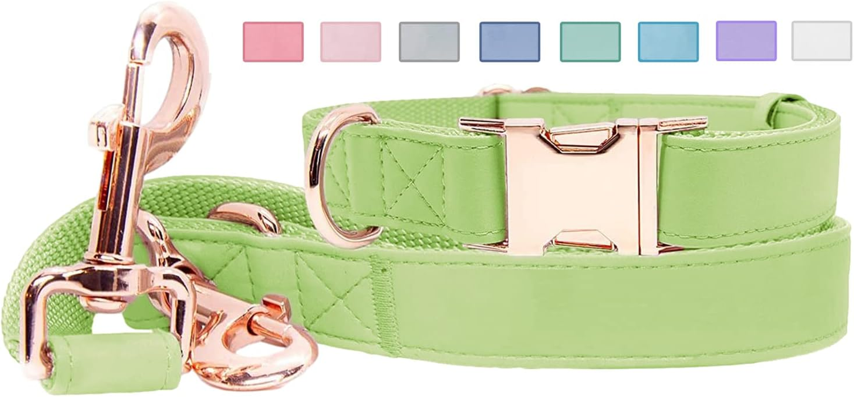 Soft Leather Dog Collar and Leash (6.6') Set - Stylish Rose Gold Heavy Duty Metal Buckle, 4 Adjustable Lengths Leash for Small Medium Large Dogs - Comfortable & Easy to Clean XS(8"-12"), Avocado