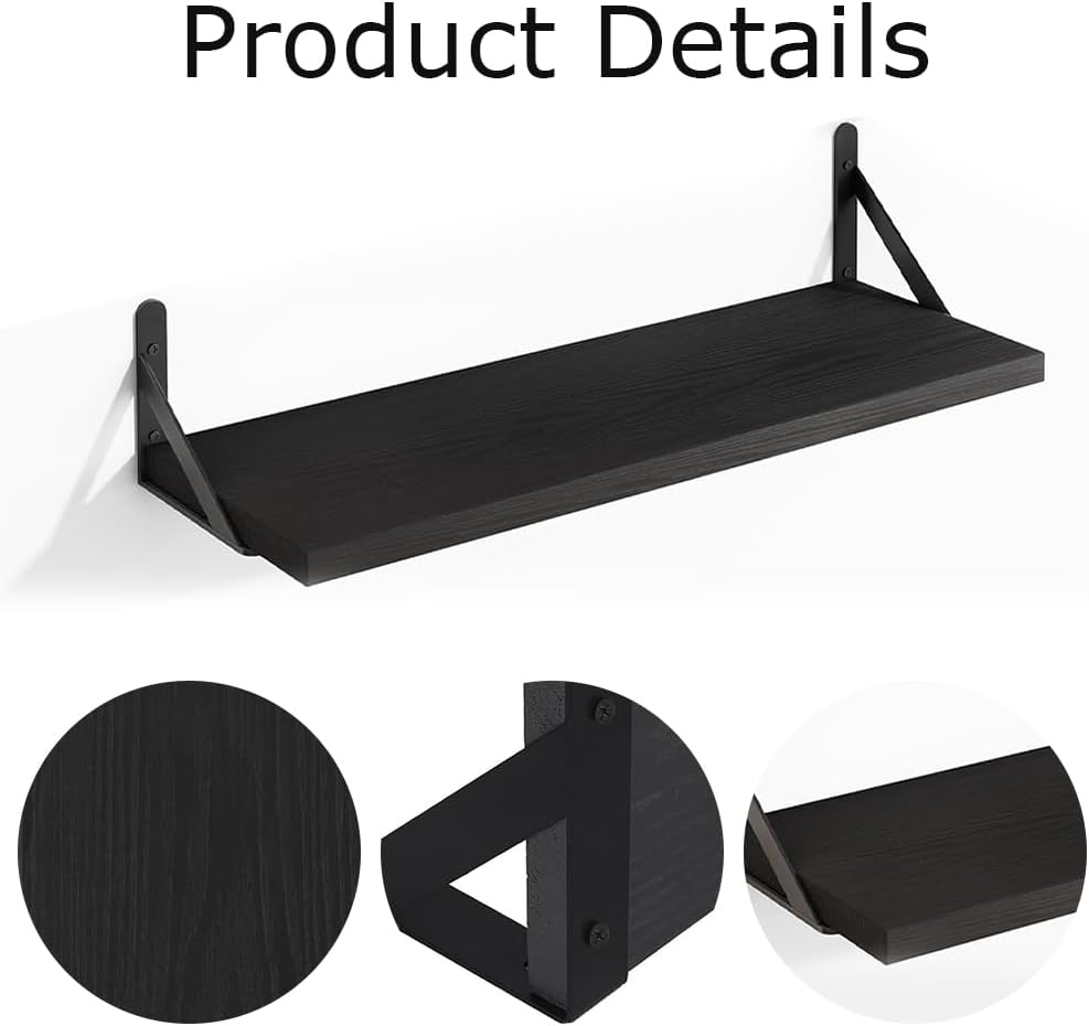 Floating Shelves, Rustic Wood Hanging Wall Mounted Storage Wood Display Shelf, 4 Sets of Wall Mounted Shelf for Bathroom Decor, Bedroom, Living Room and Plants (Black) image number 4