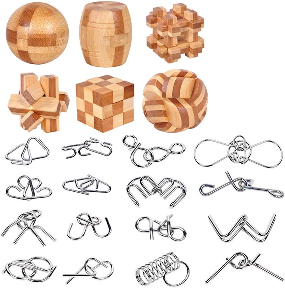 Brain Teasers Wooden and Metal Wire Puzzles 22Pcs Unlock Interlock 3D Brain Puzzle Games IQ Test Toys for Kids Adults image number 6