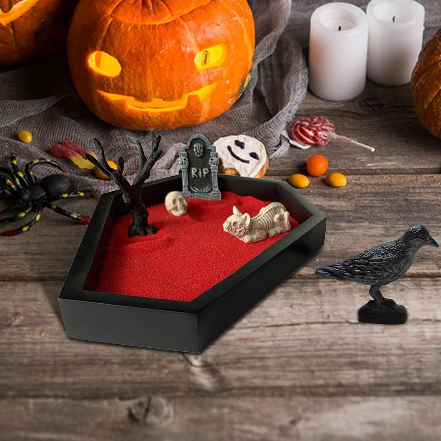 Zen Garden for Desk | Coffin Sand Decoration for Halloween - Indoor Ornament with Skull, Tombstone, Crow, Halloween Prop for Microlandscape image number 1