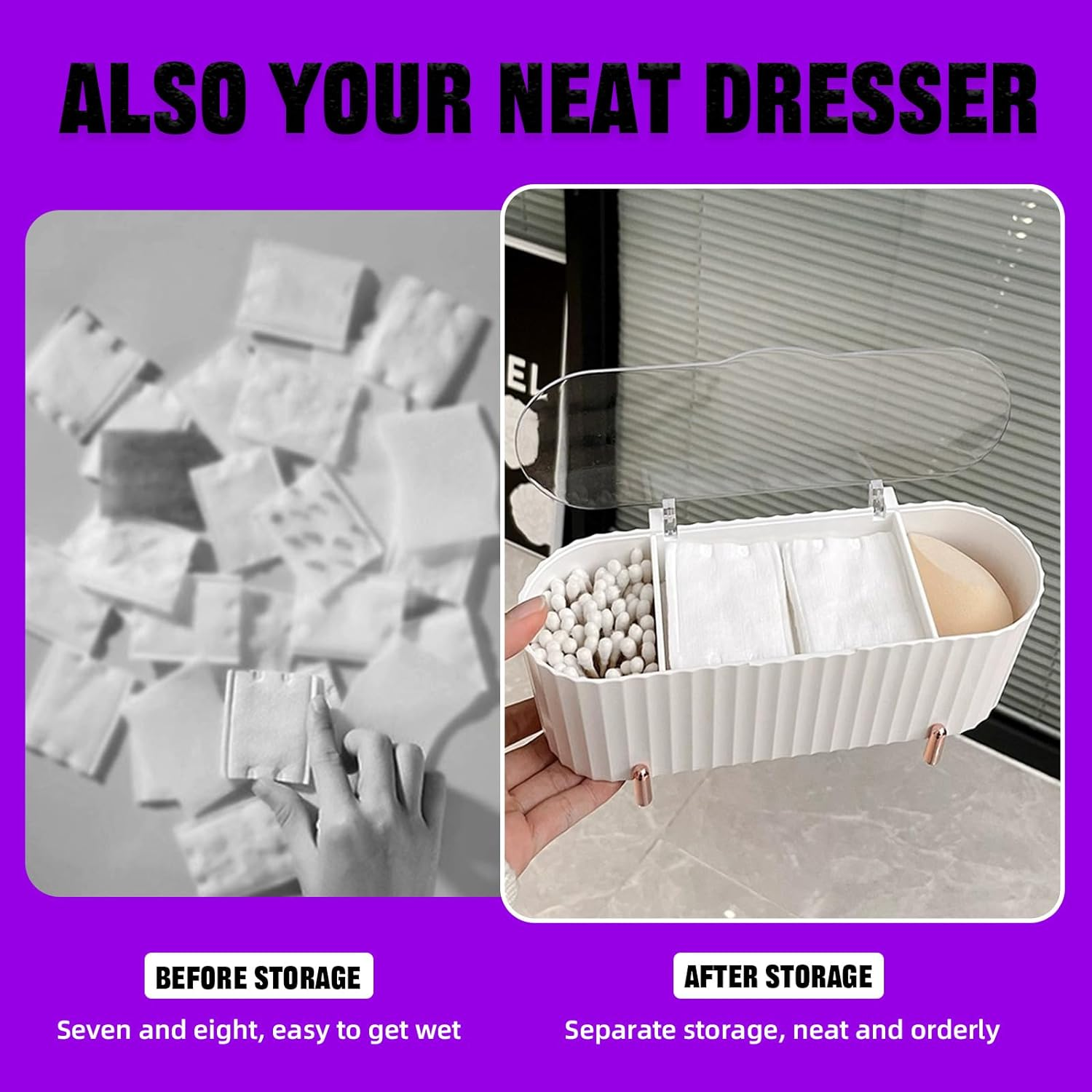 Swpeet 1 Pack 3 Grids White Plastic Separate Cotton Swabs Dispenser with Detachable Partition, Cotton Ball Holder with Clear Lid, Jar for Cotton Pads Bathroom Organizer Canisters image number 5