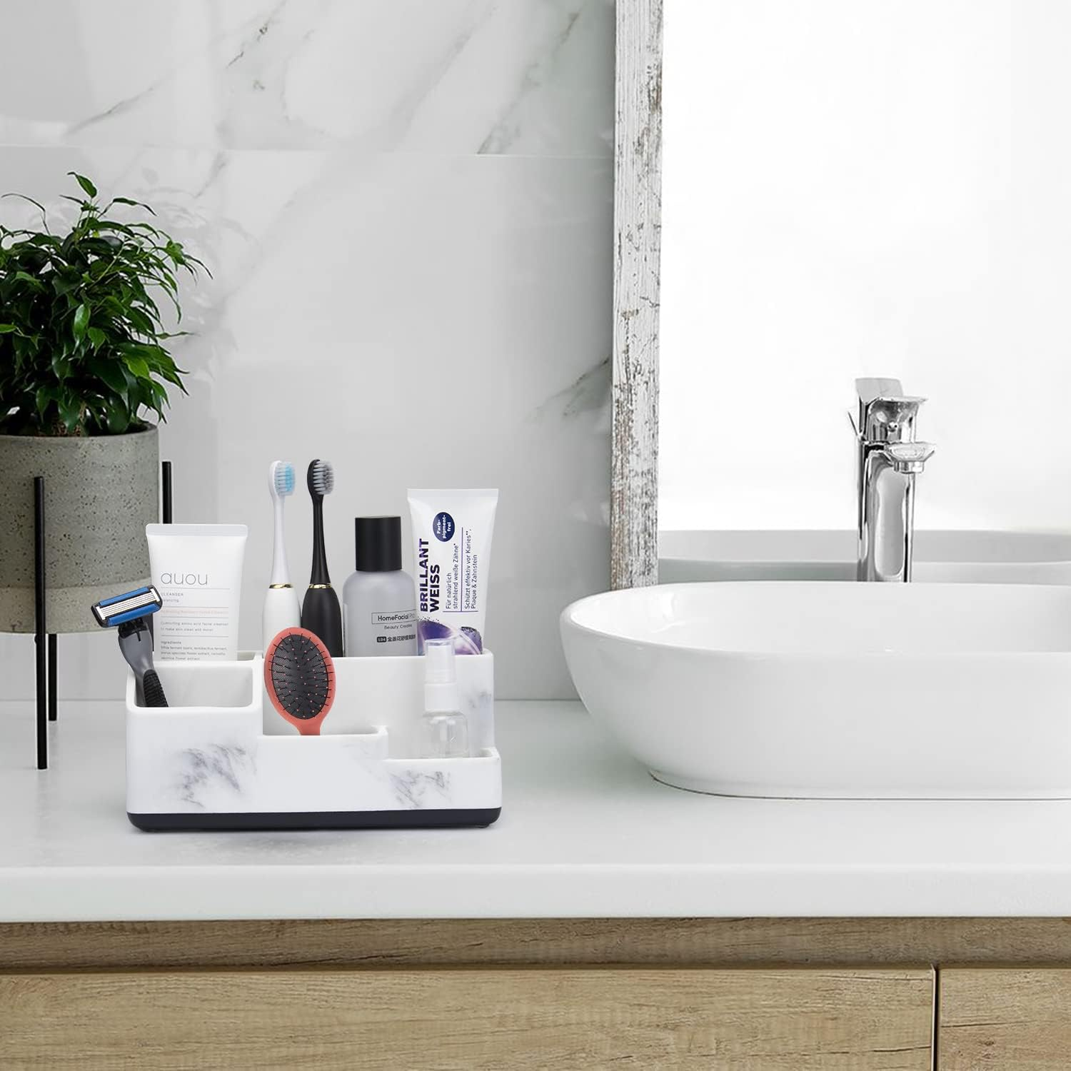 Richenda Toothbrush and Toothpaste Holder with Drainage, 5 Slots Bathroom Organizer Storage Caddy Countertop Anti-Slip Home Storage Organisation for Shower,Bath Products, Kitchen, White Marble - White Marble image number 2