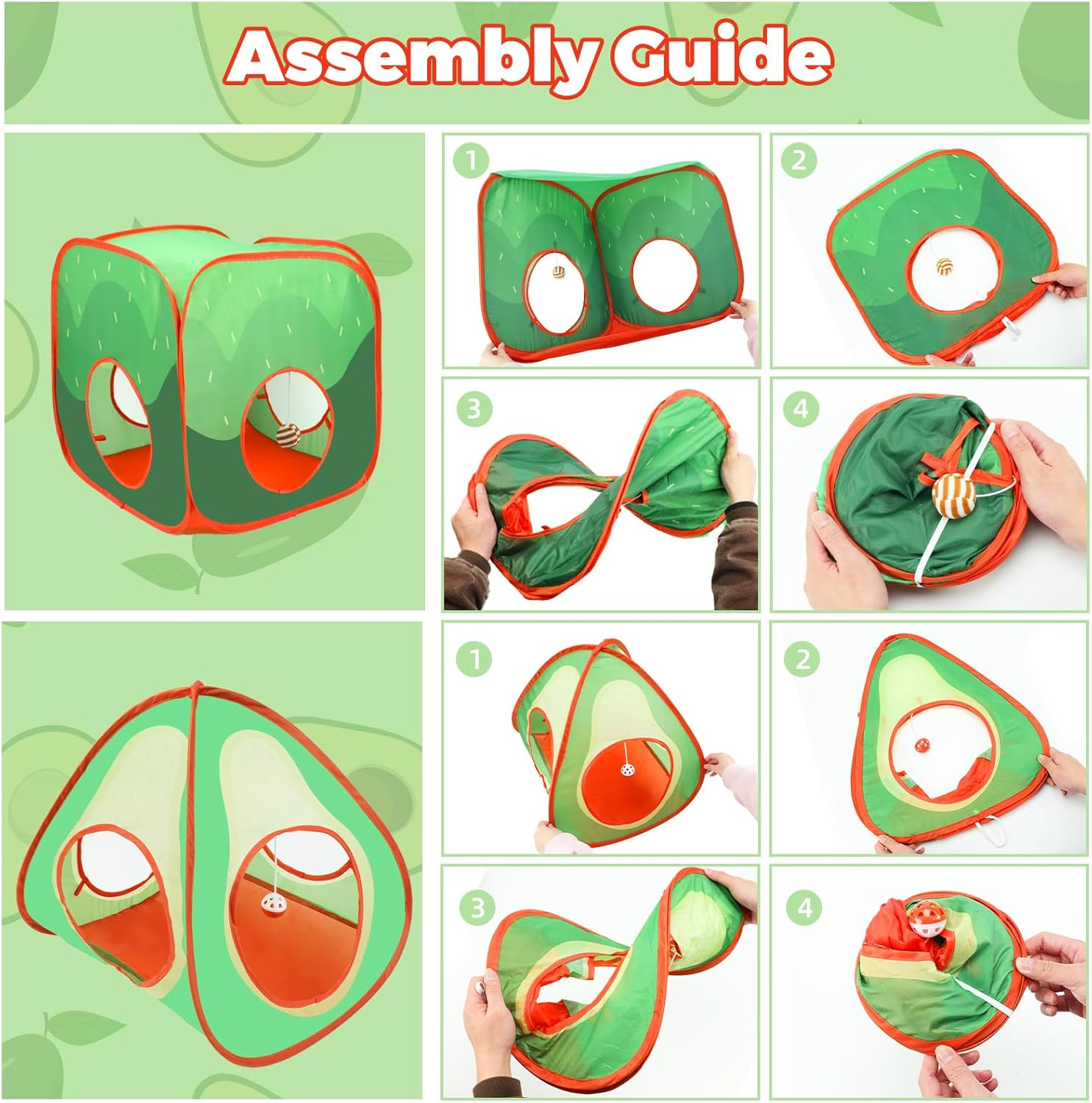 YUEPET Rabbit Tunnel and Cube Collapsible Tent Bunny Interactive Crinkle Tunnel Toys Small Animal Hideout with Play Ball for Dwarf Rabbit Bunny Guinea Pig (Avocado) - Avocado image number 2