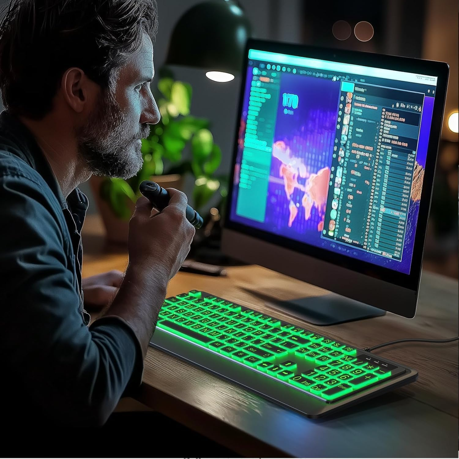 BERGUF Large Print Backlit Keyboard, Wired USB Lighted Computer Keyboards with 7-Color Backlit, Oversize Letters Keys Easy to See and Type, Quiet Keyboard Compatible for PC, Laptop (Large) image number 1