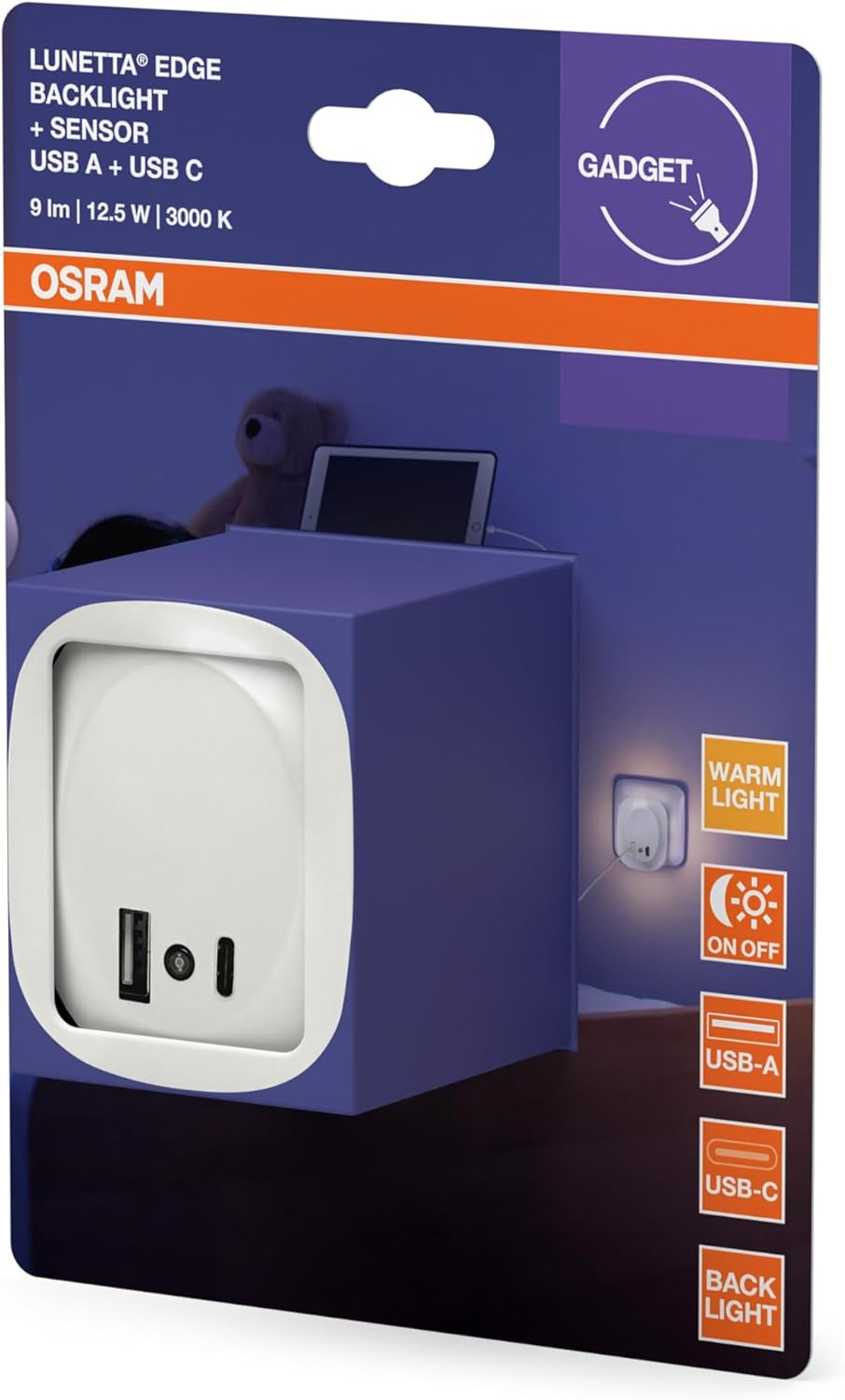OSRAM Lunetta Edge Plug-In Night Light, White, 0.35W, 10Lm, Warm White Light, Daylight Sensor, USB-A & USB-C Port, LED Technology, Charging Function, Long Life, IP20, 3000K. image number 1