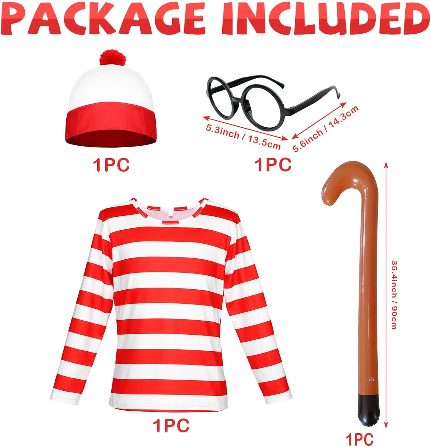 Wally Costume Kids Cosplay Accessories Set for Girls Boy Red and White Striped T Shirt Hat Glasses Walking Stick Socks Book Day Costumes image number 4