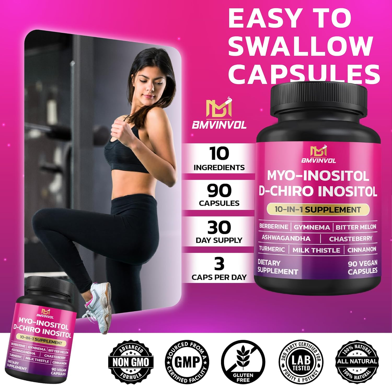 Inositol Supplement - Myo-Inositol and D-Chiro Inositol Ideal 40:1 Ratio - plus Berberine, Cinnamon, Ashwagandha + 5 More - Healthy Hormone Balance & Healthy Ovarian Support for Women - 90 Capsules image number 6