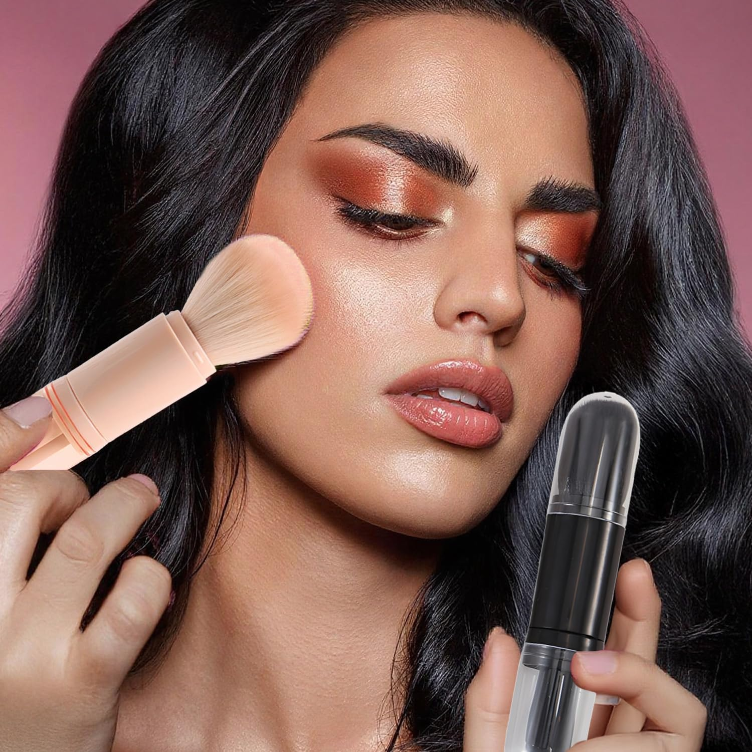 TORMEN 4-In-1 Retractable Makeup Brush Set &ndash; Portable Travel Cosmetic Brushes for Powder Eyeshadow Highlighter Lip(Black) image number 2