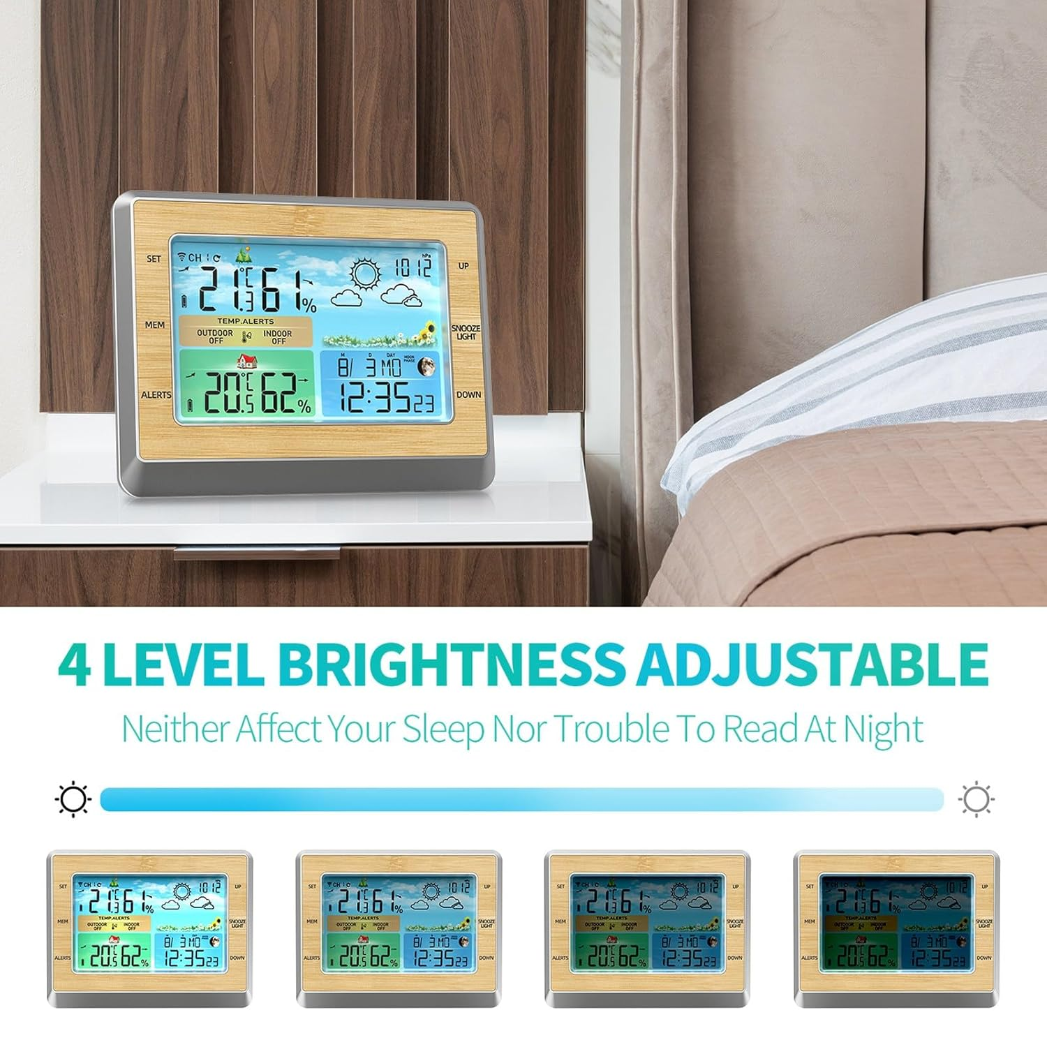 Large Color Screen Wireless Weather Station Clock with Brightness Adjust, Indoor Outdoor Temperature, Humidity Meter, USB Port image number 5
