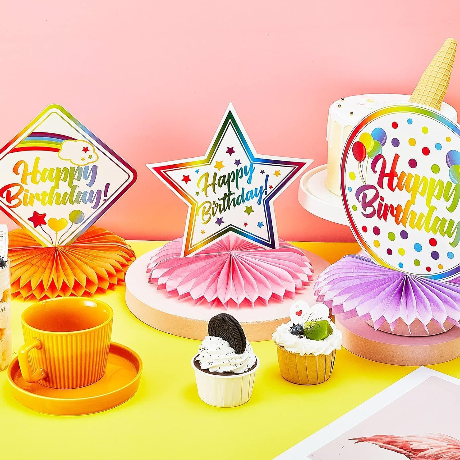 Happy Birthday Honeycomb Table Decorations, Rainbow Colours, Party Centrepieces, 6 Pieces image number 4