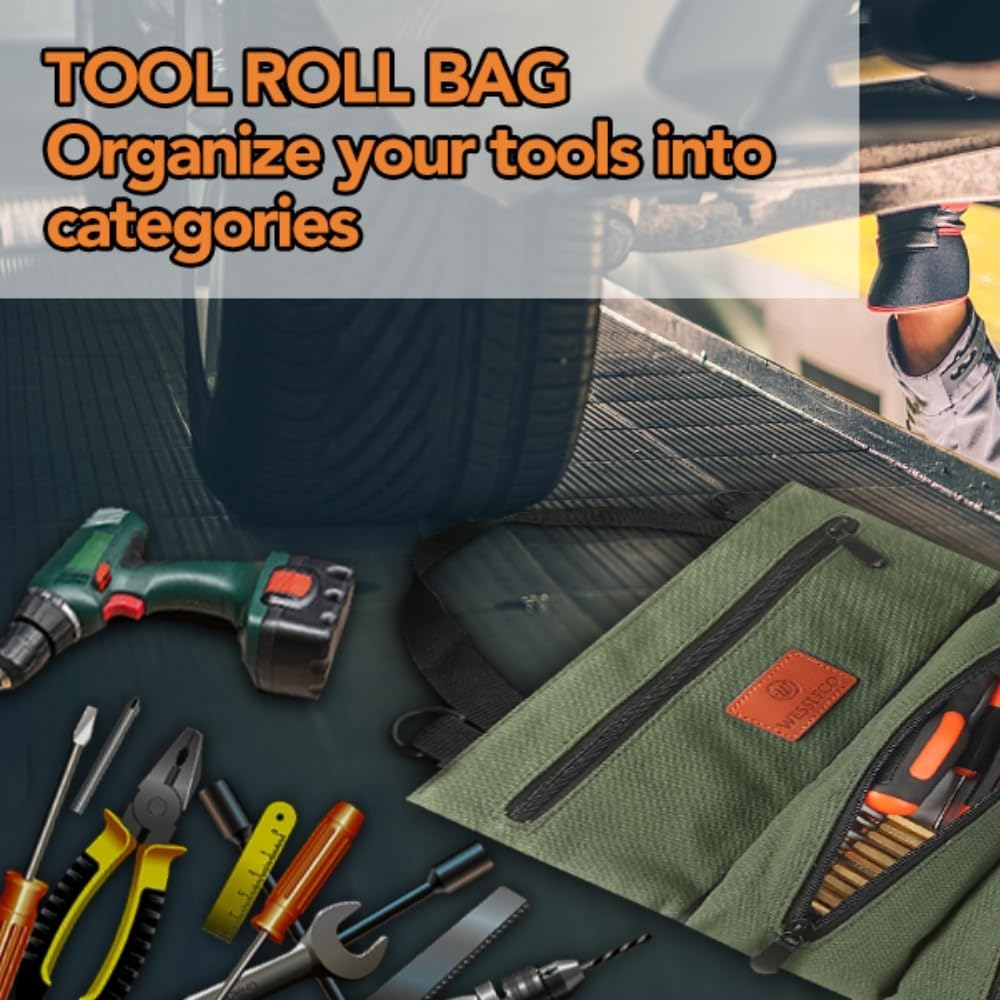 Roll up Tool Bag, 16OZ Canvas Wrench Roll up Pouch Multi-Purpose Tool Roll Organize, 5 Zippered Tool Pockets (Green) image number 6
