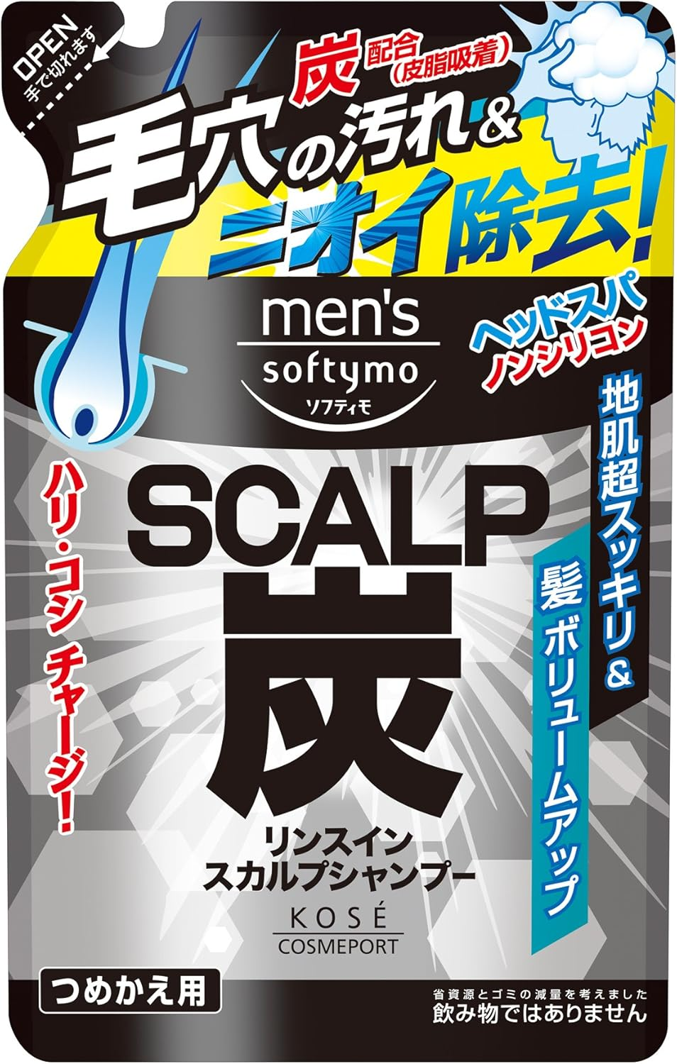 Kose Cosmetics Port Men SOFTYMO Rinsuin Scalp Shampoo Charcoal Refill (400Ml)