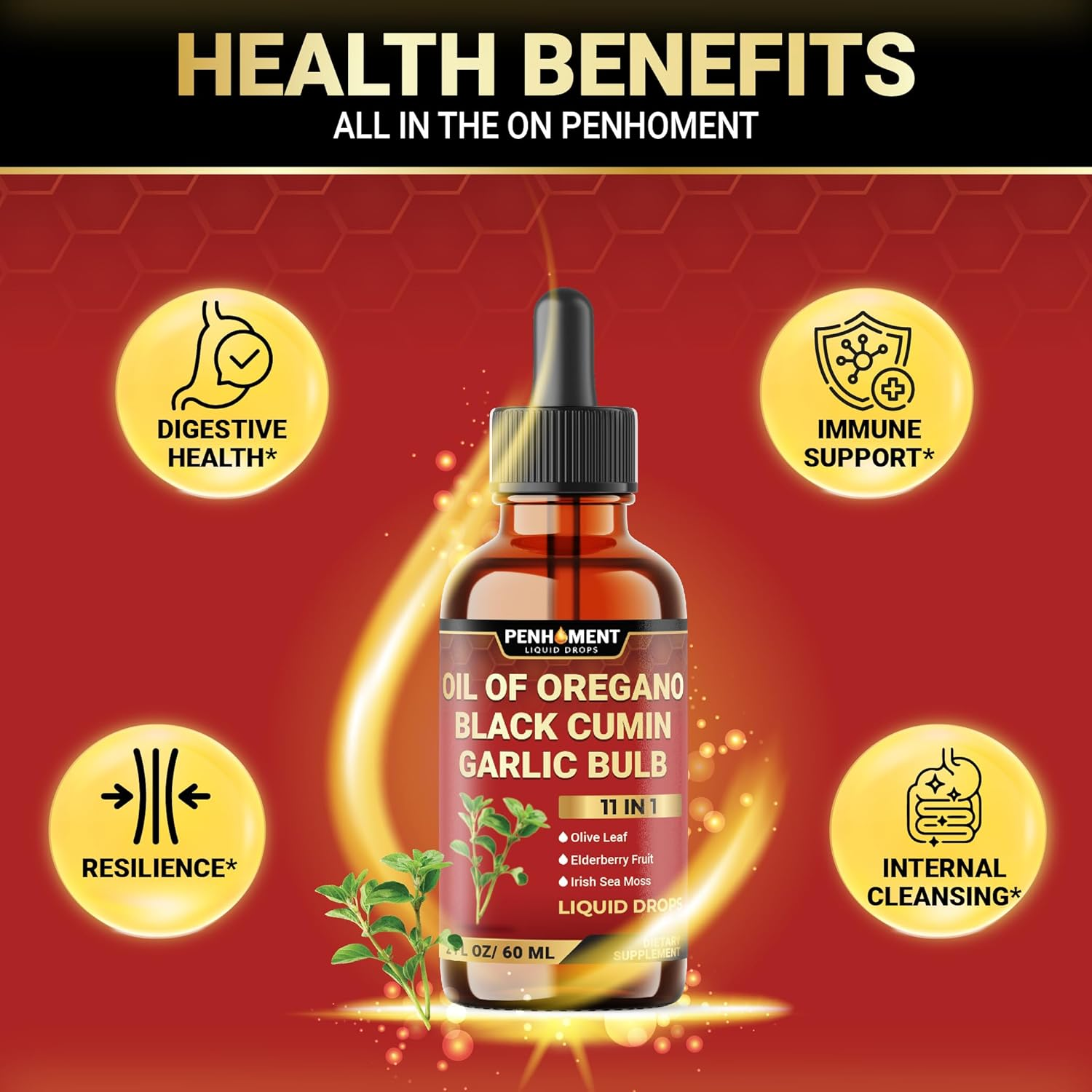PENHOMENT 11In1 Organic Oregano Oil Drops with Black Seed Liquid, Garlic, Vitamin D3 & K2, Olive Leaf, Elderberry, Sea Moss, Ashwagandha & Ginger - Immune Support - 2 Fl Oz - 60 Days image number 1