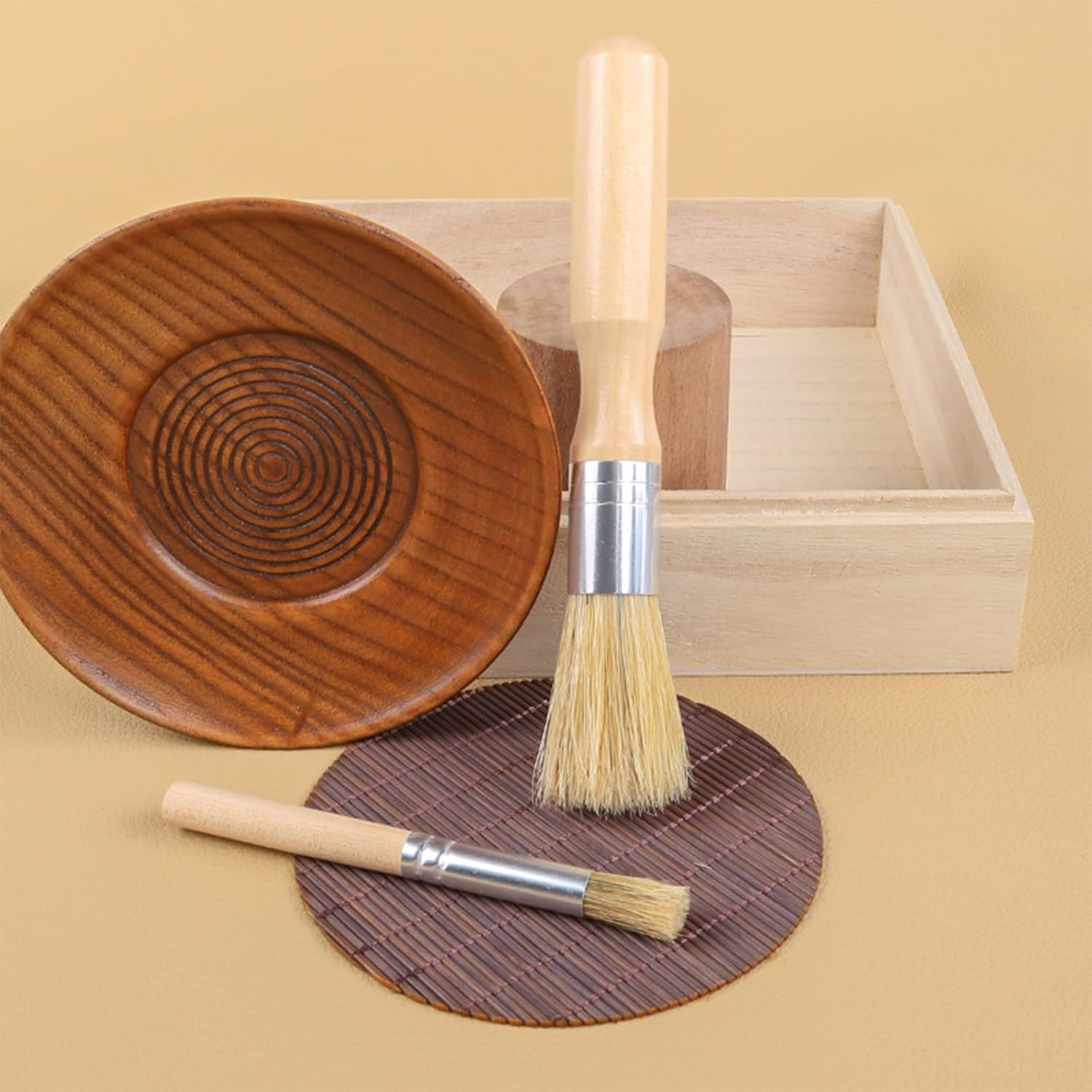 2 Pcs Natural Bristle round Pastry Brush, Wooden Handle BBQ Oil Brush for Cooking, Grilling, Baking, Multifunctional Kitchen Bristle Brush image number 2