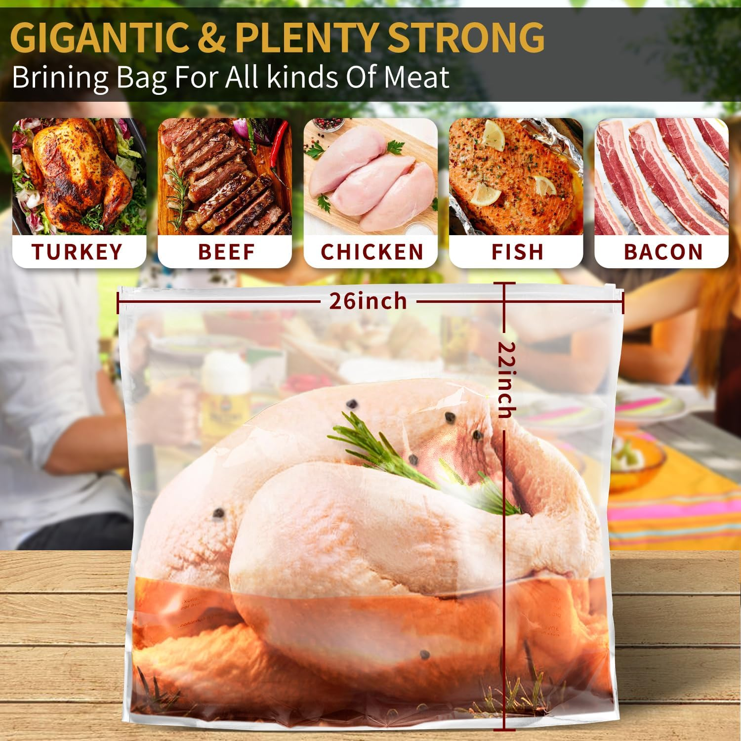 Brining Bags for Turkey, 3 Packs Extra Large Turkey Brine Bag with 3 Cotton Strings, Thickened Brine Bags with Double Zip-Lock Seal for Turkey, Chicken Marinade, 26"&times;22" Hold up to 35LB by JY COOKMENT image number 5