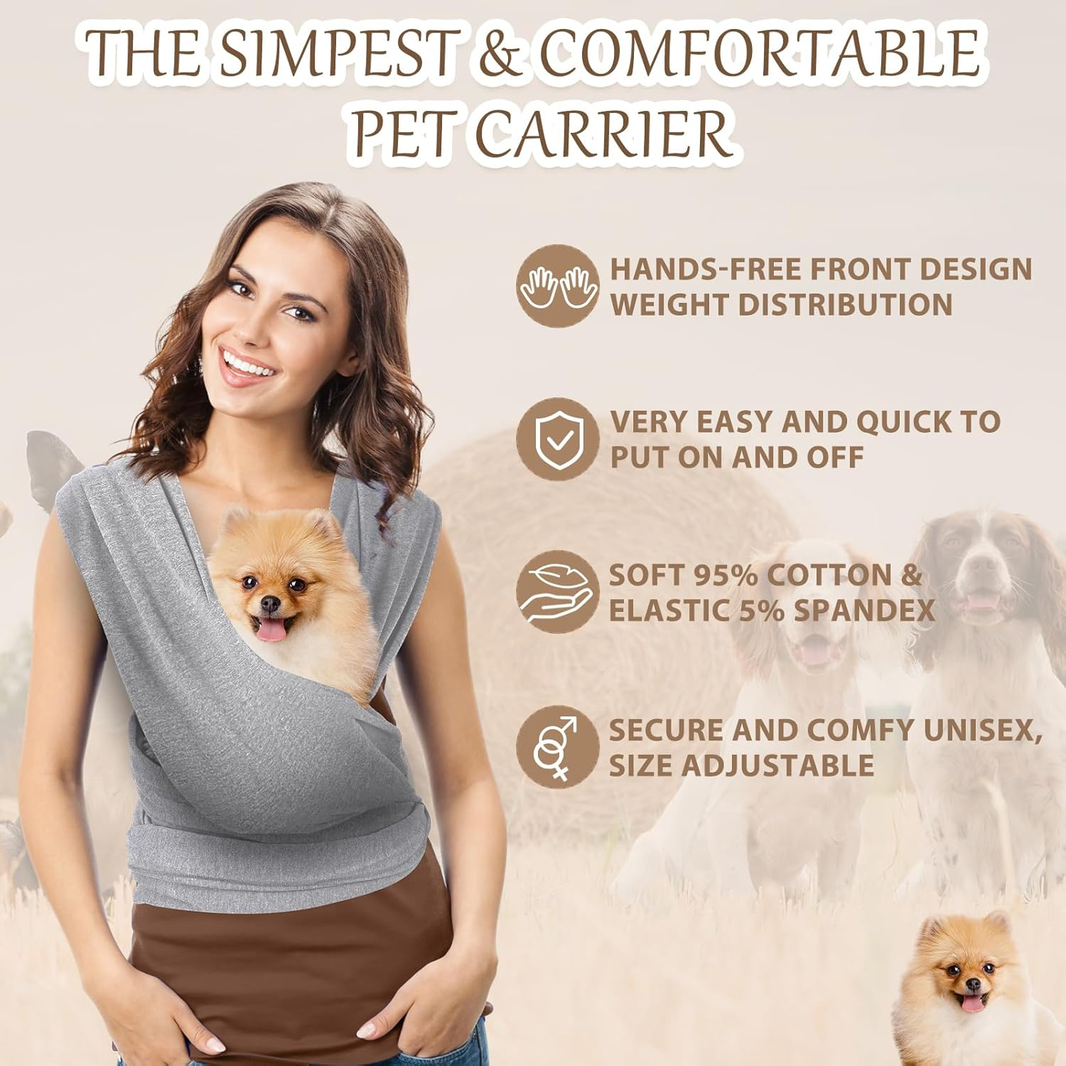 Clysee Dog Sling Carriers, Cat Wrap Carrier Chest, Front Facing Dog Sling, Hands Free, Size Adjustable, Soft Cotton, Swaddle Bag for Outdoor(Light Grey) image number 4