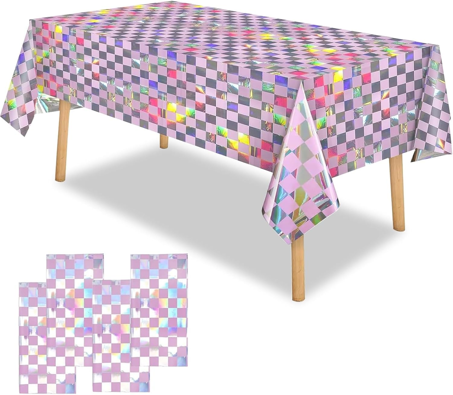 OQOQ Iridescent Checkered Tablecloth (4 Packs, Pink&Sliver) - 108X54 Inches Pink Iridescent Party Decorations Table Cloth Disposable Plastic Table Cover for Birthday Bachelorette Princess Party - Black Silver Checkered image number 3